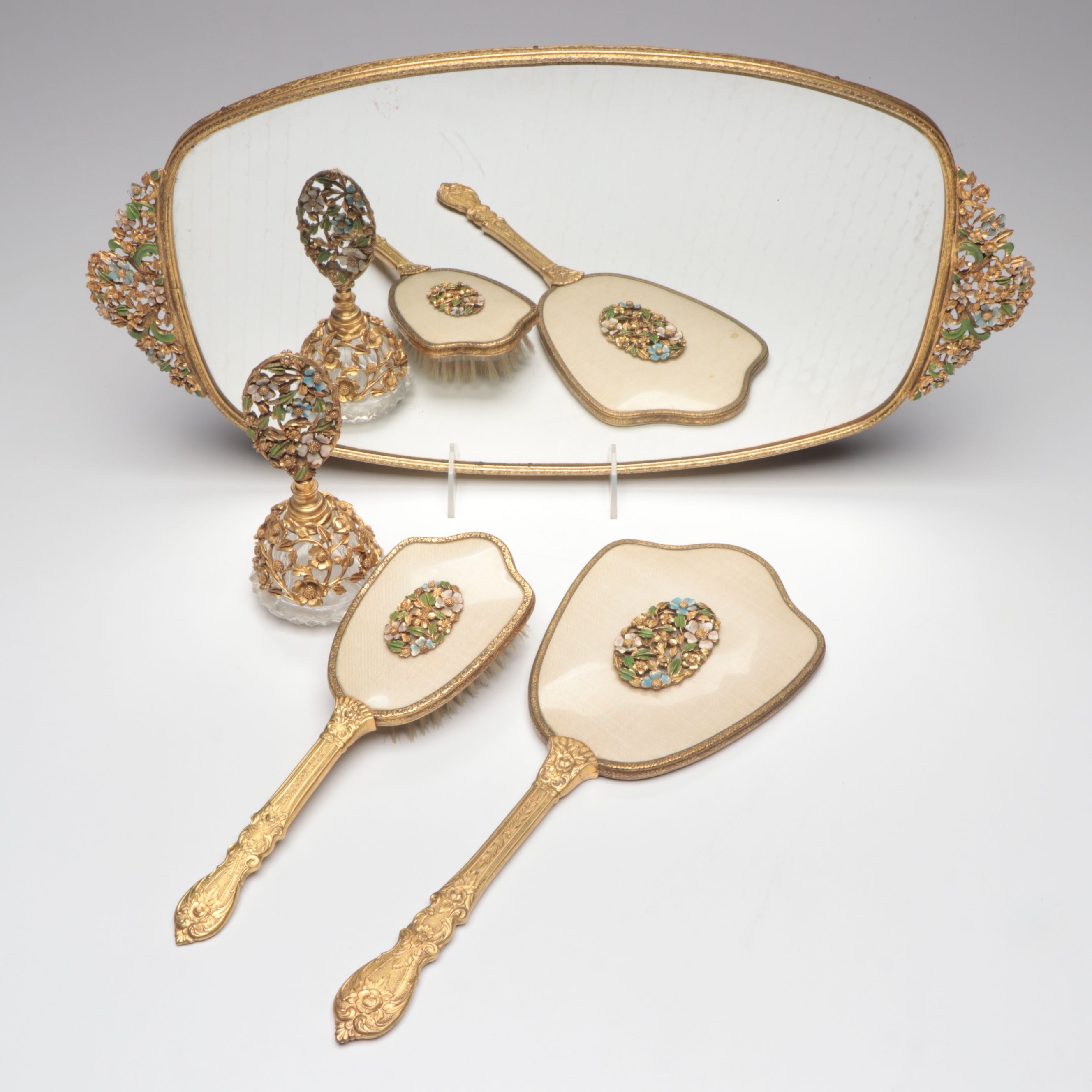 Floral Enamel Hairbrush, Perfume Bottle, Hand Mirror, and Mirrored Tray
