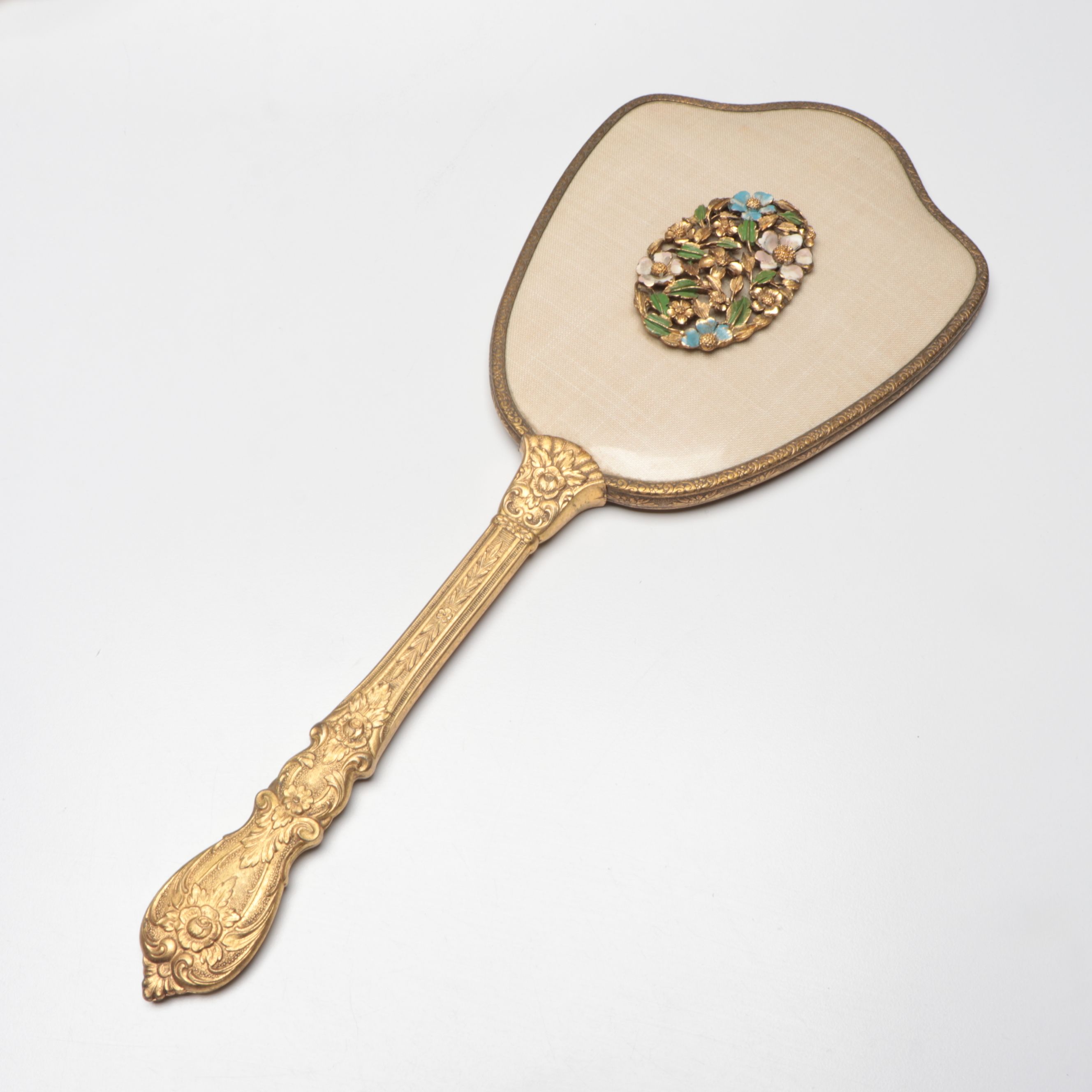 Floral Enamel Hairbrush, Perfume Bottle, Hand Mirror, and Mirrored Tray