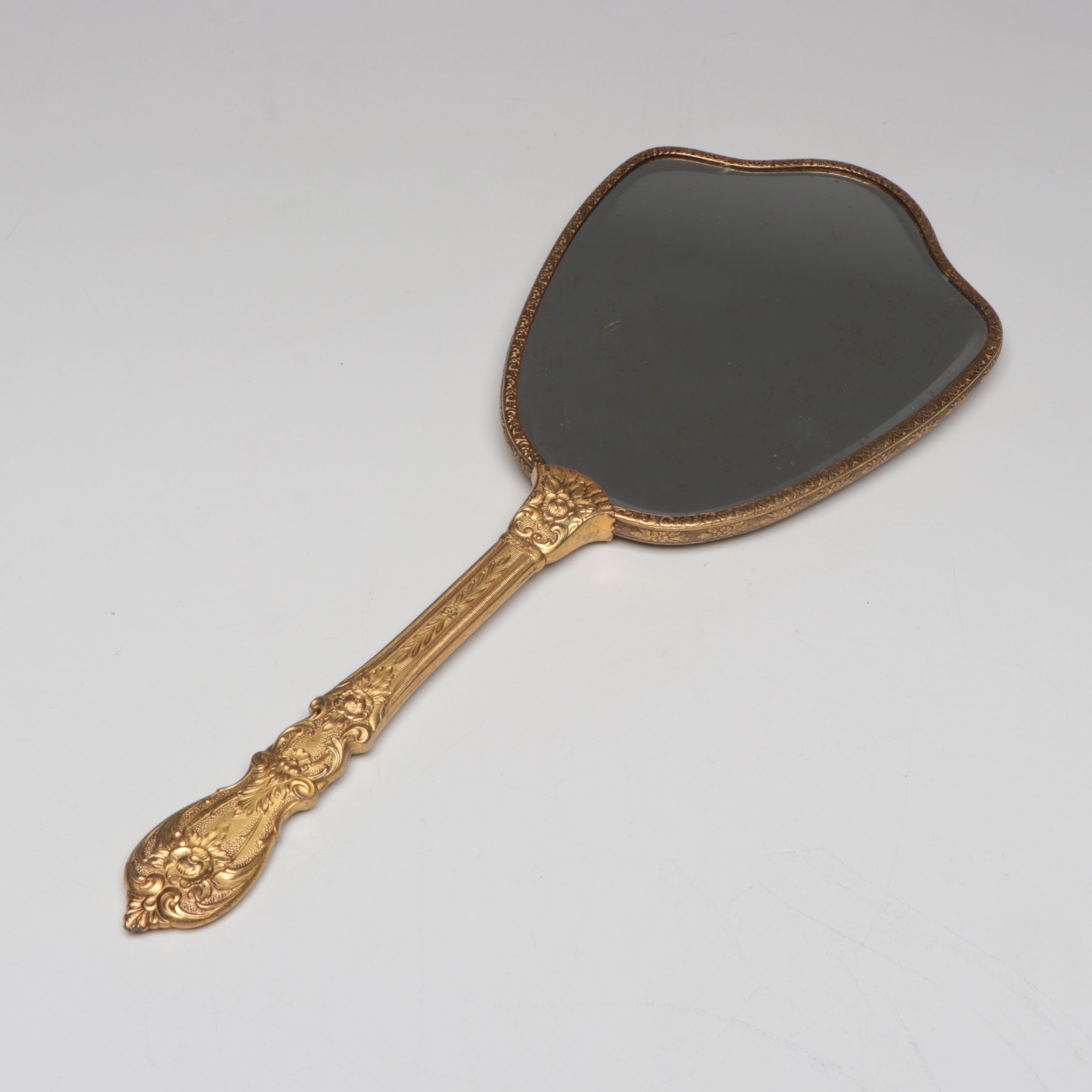 Floral Enamel Hairbrush, Perfume Bottle, Hand Mirror, and Mirrored Tray