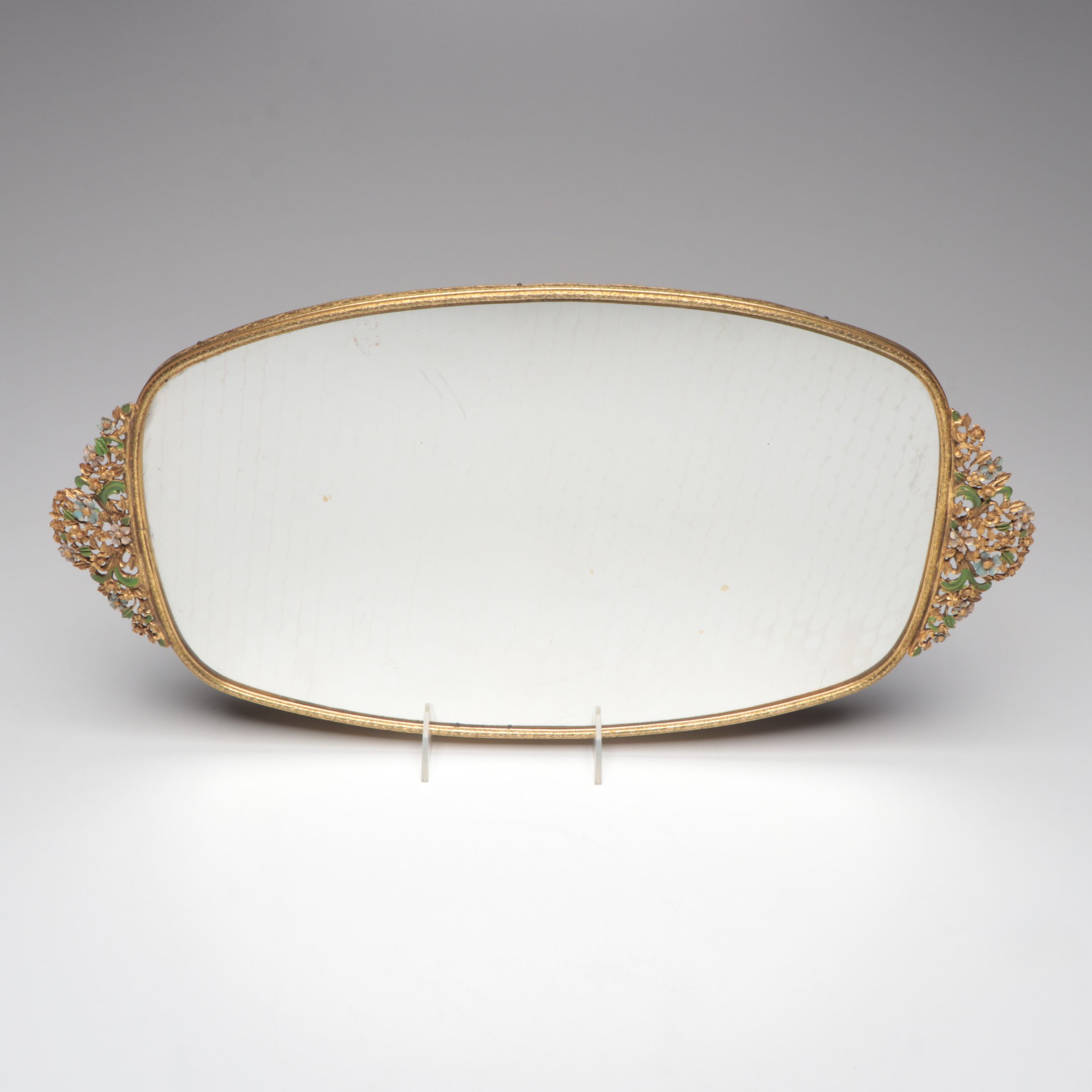 Floral Enamel Hairbrush, Perfume Bottle, Hand Mirror, and Mirrored Tray