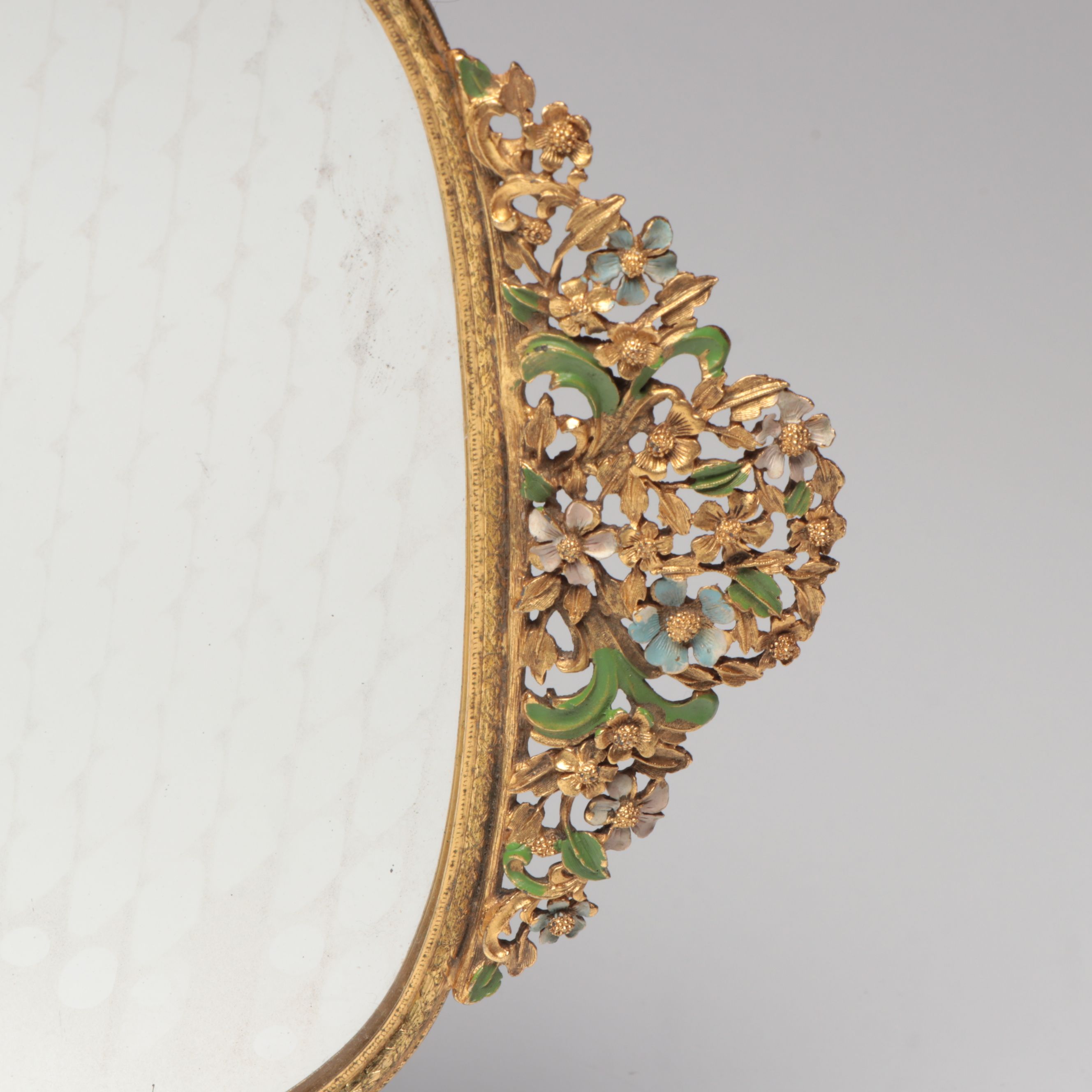 Floral Enamel Hairbrush, Perfume Bottle, Hand Mirror, and Mirrored Tray