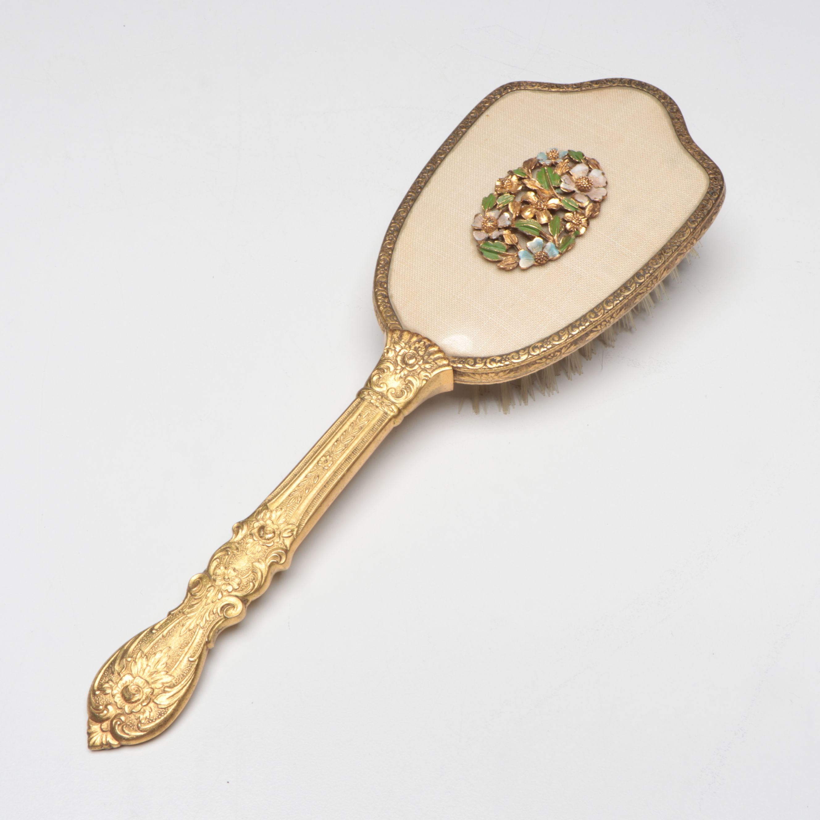 Floral Enamel Hairbrush, Perfume Bottle, Hand Mirror, and Mirrored Tray