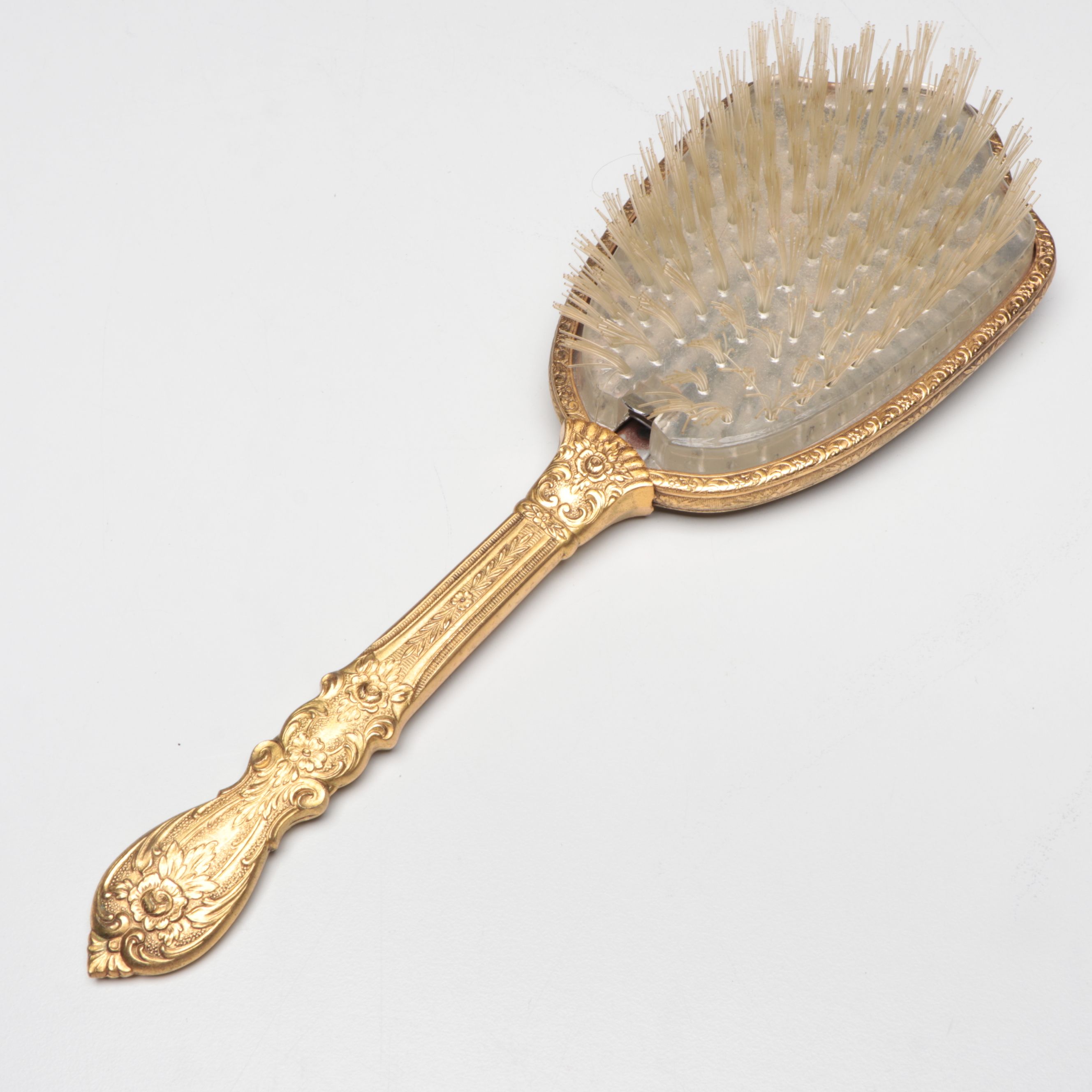 Floral Enamel Hairbrush, Perfume Bottle, Hand Mirror, and Mirrored Tray