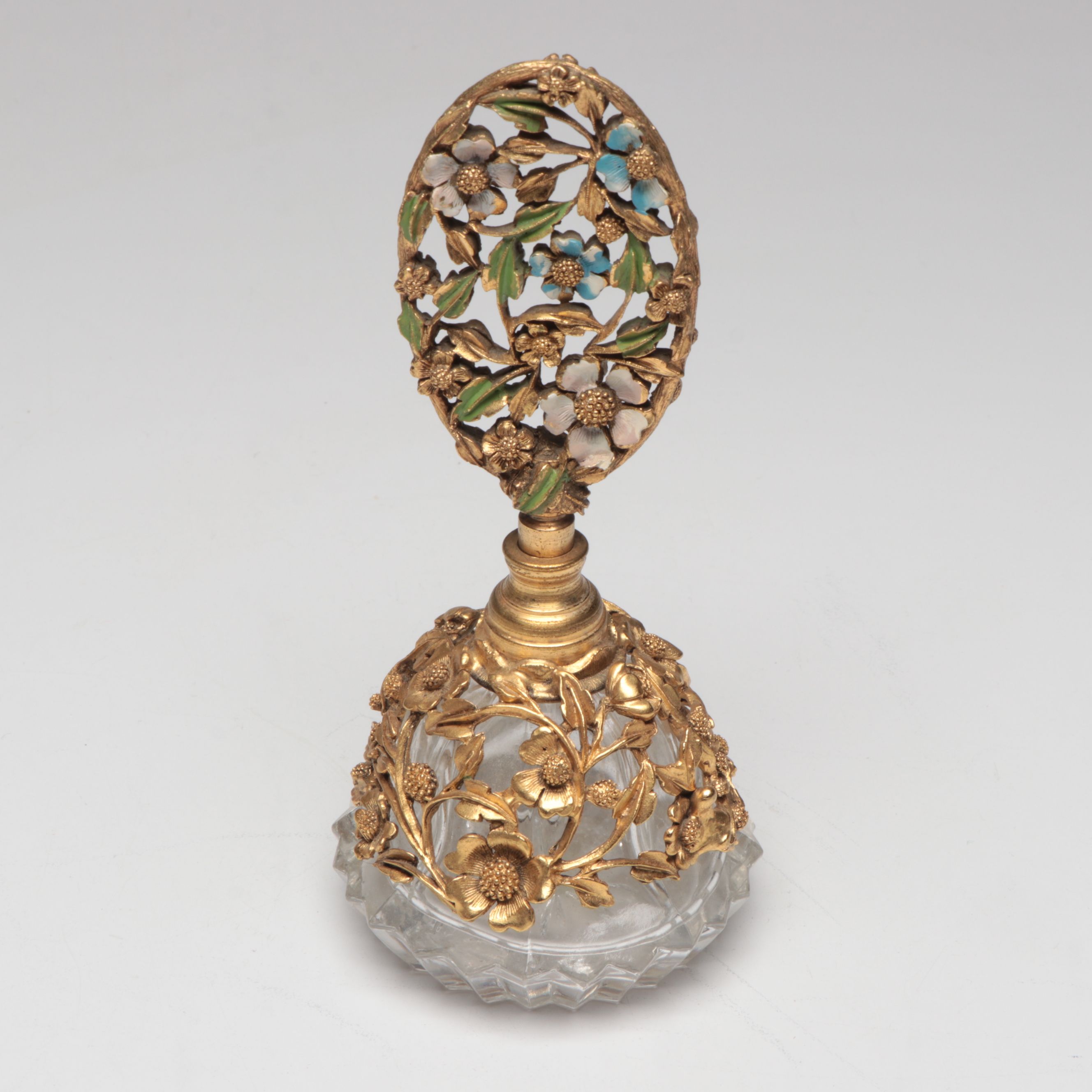 Floral Enamel Hairbrush, Perfume Bottle, Hand Mirror, and Mirrored Tray