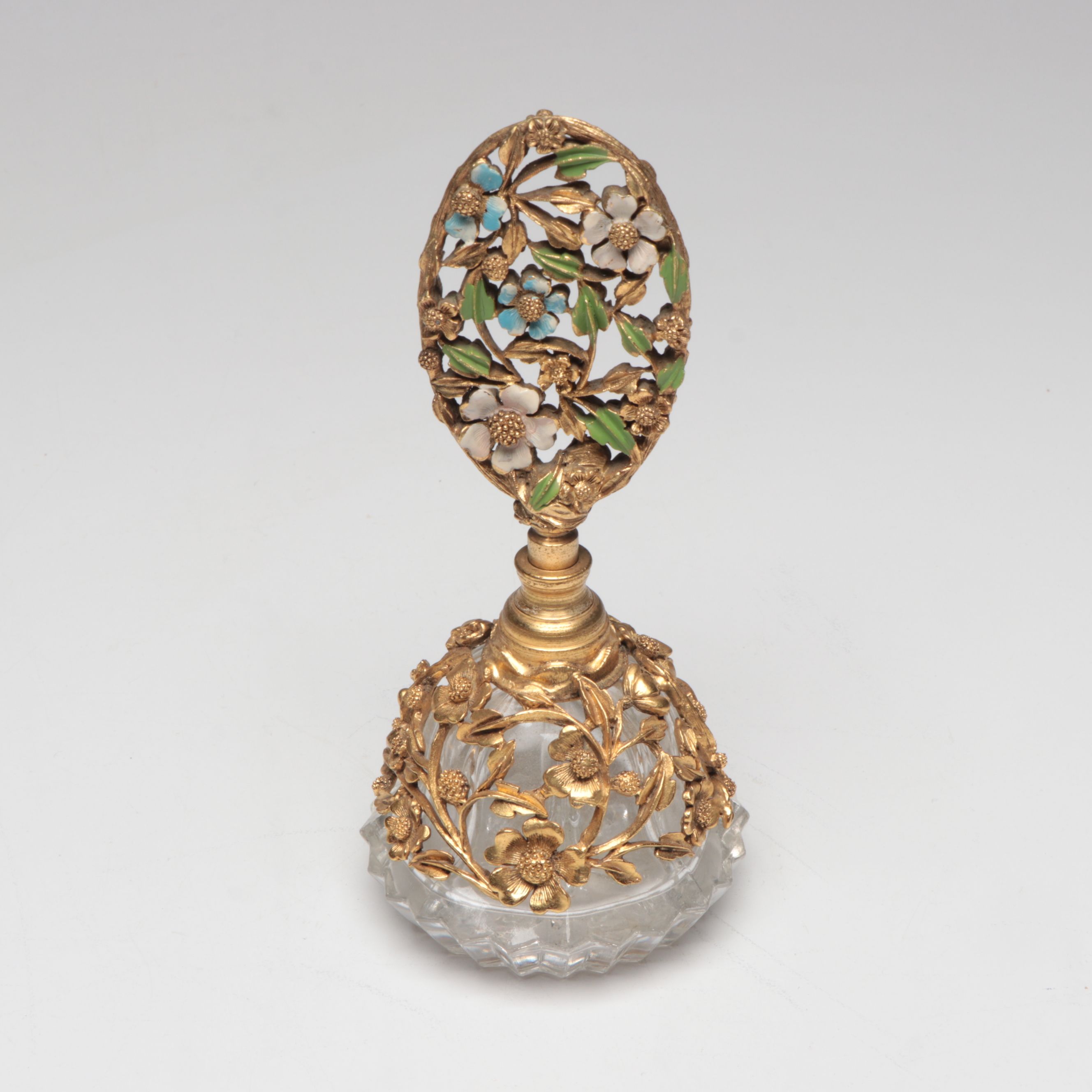 Floral Enamel Hairbrush, Perfume Bottle, Hand Mirror, and Mirrored Tray