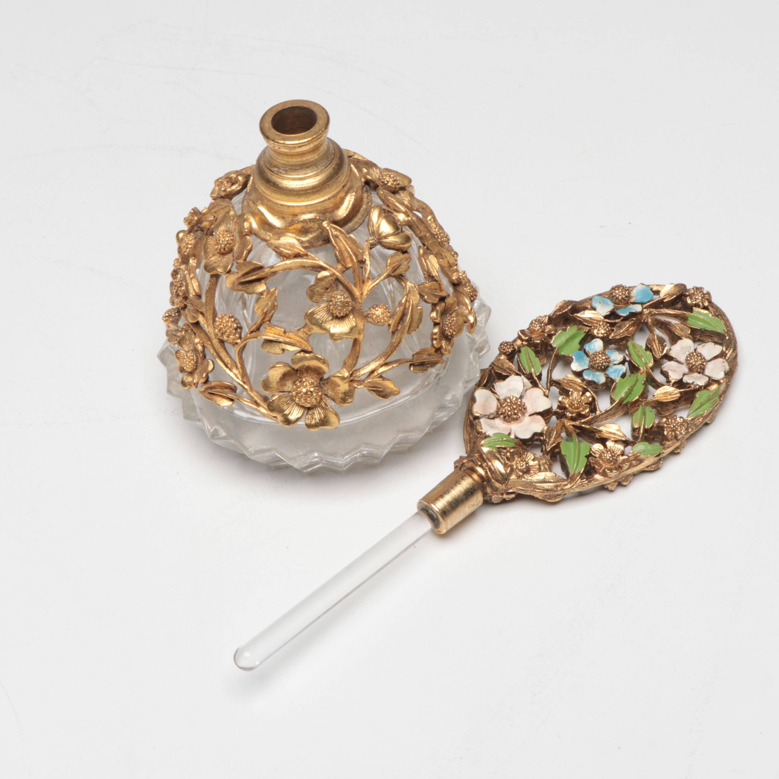 Floral Enamel Hairbrush, Perfume Bottle, Hand Mirror, and Mirrored Tray