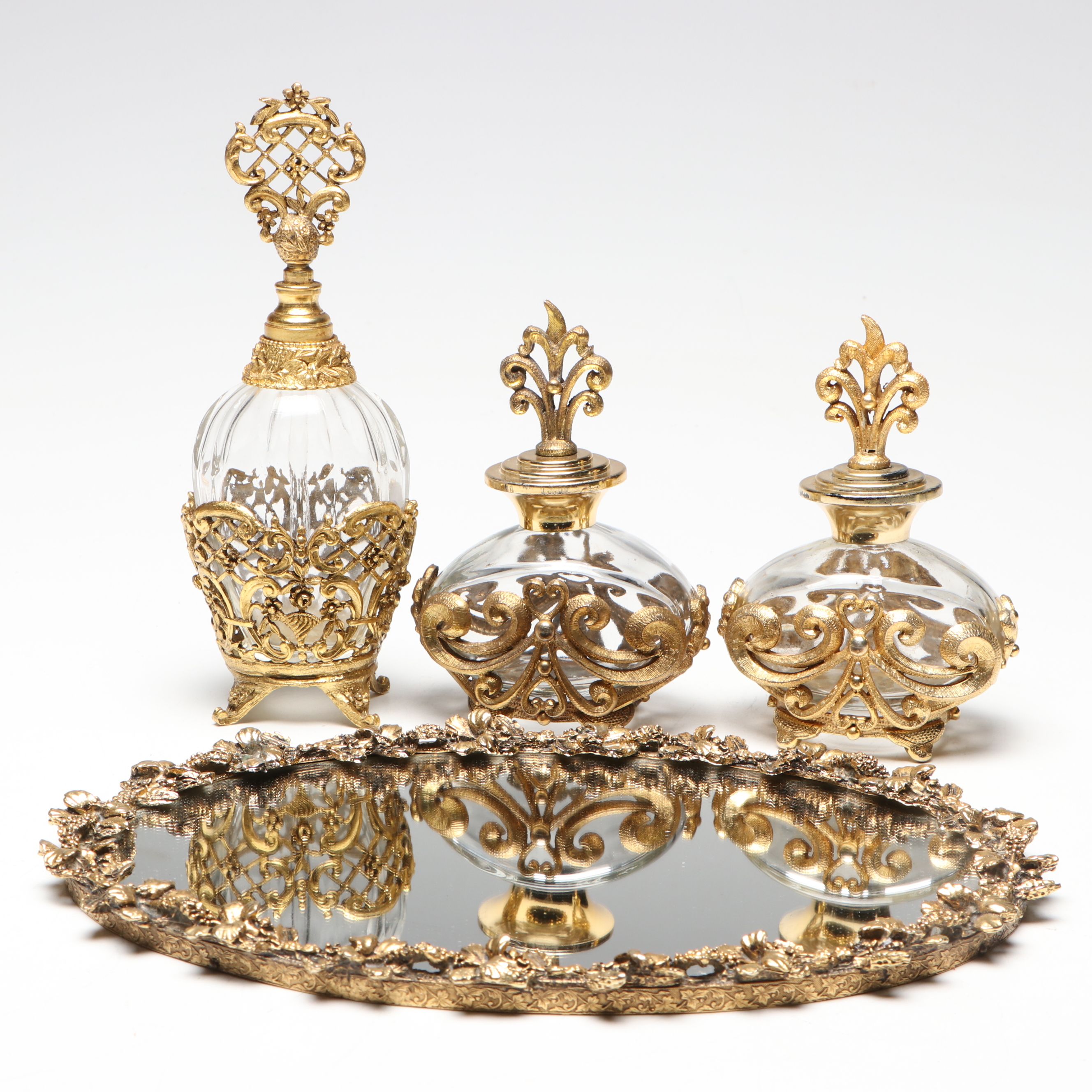 Gilt Ormolu Perfume Bottles with Mirrored Floral Vanity Tray, 20th Century