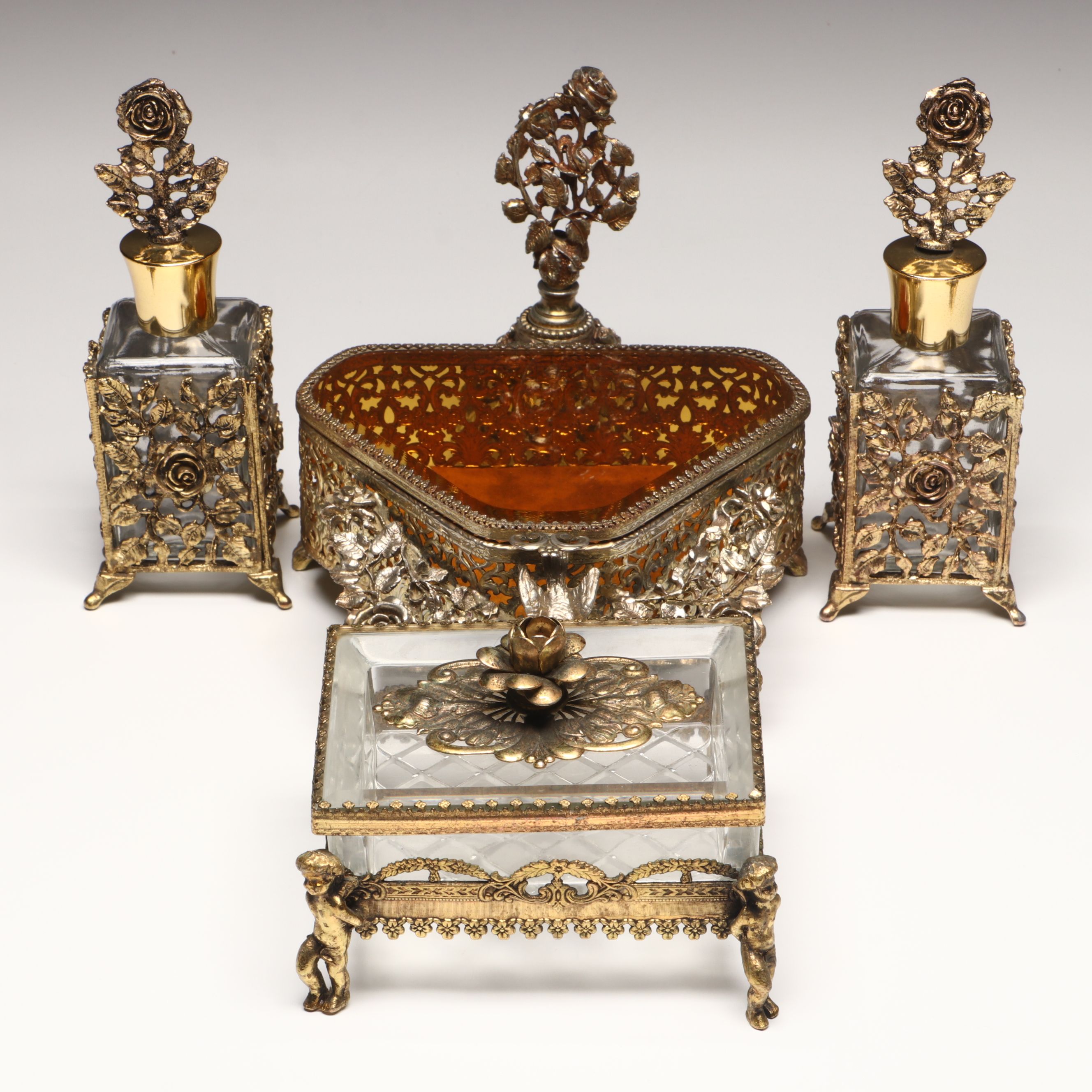 Hollywood Regency Style Ormolu Vanity Boxes and Perfume Bottle