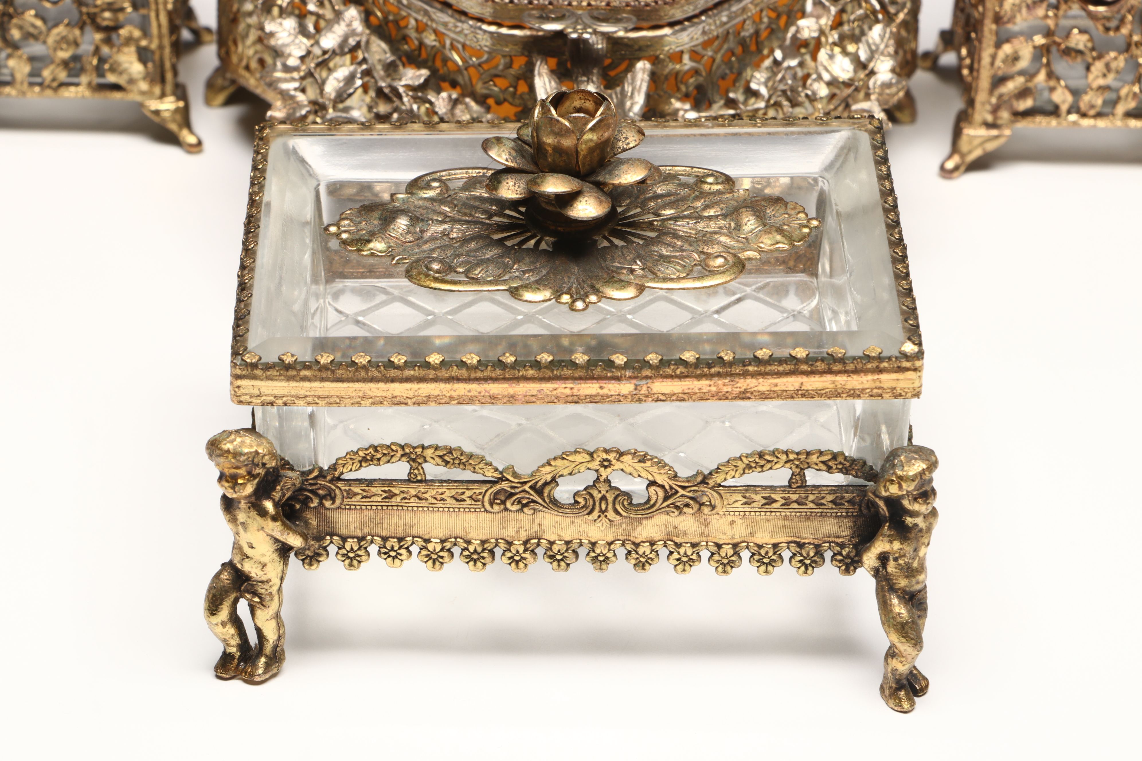 Hollywood Regency Style Ormolu Vanity Boxes and Perfume Bottle