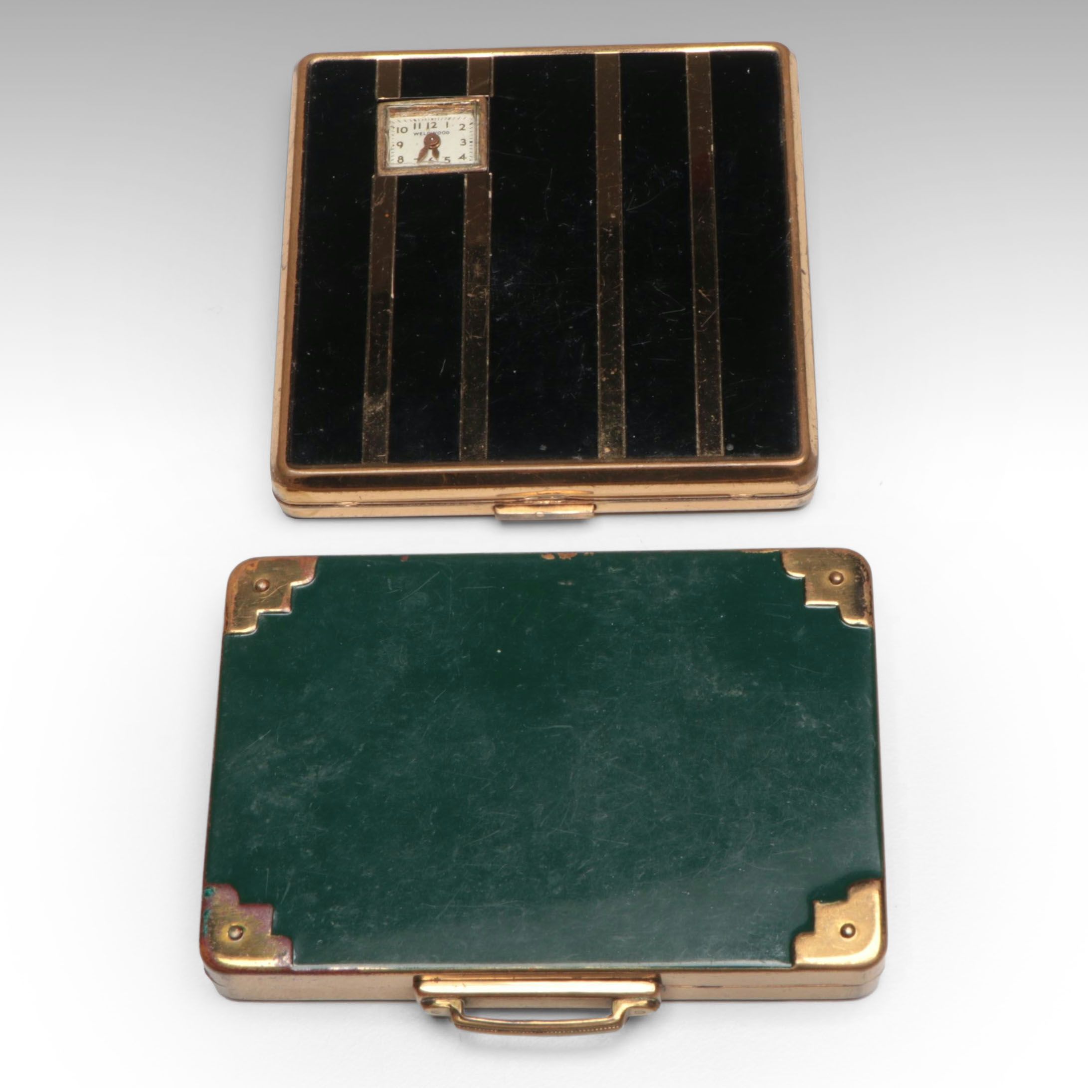Weldwood Striped Clock Compact with Other Suitcase-Shaped Compact, Circa 1950s