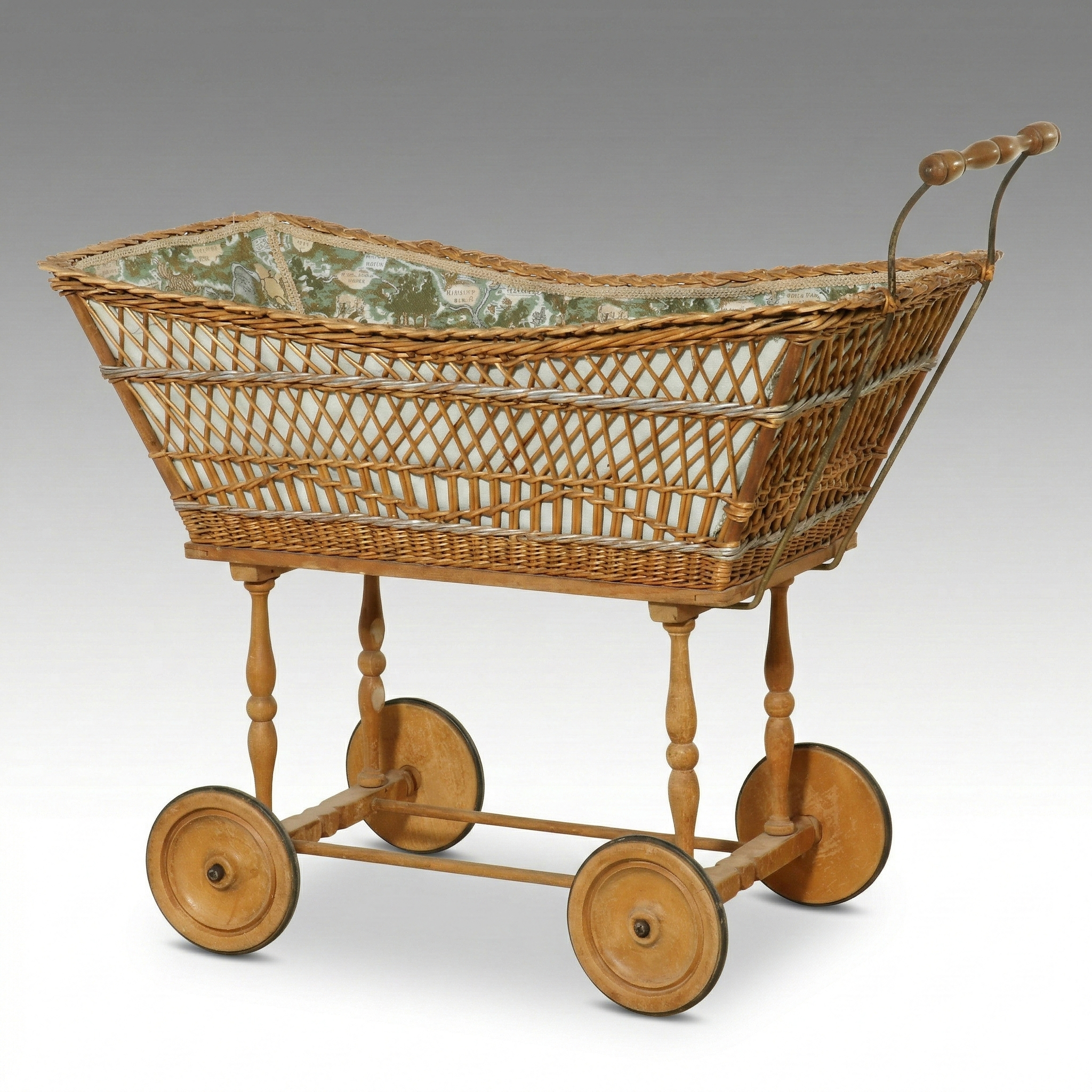 Victorian-Style Wicker Baby Carriage with "Winnie the Pooh" Tapestry Lining