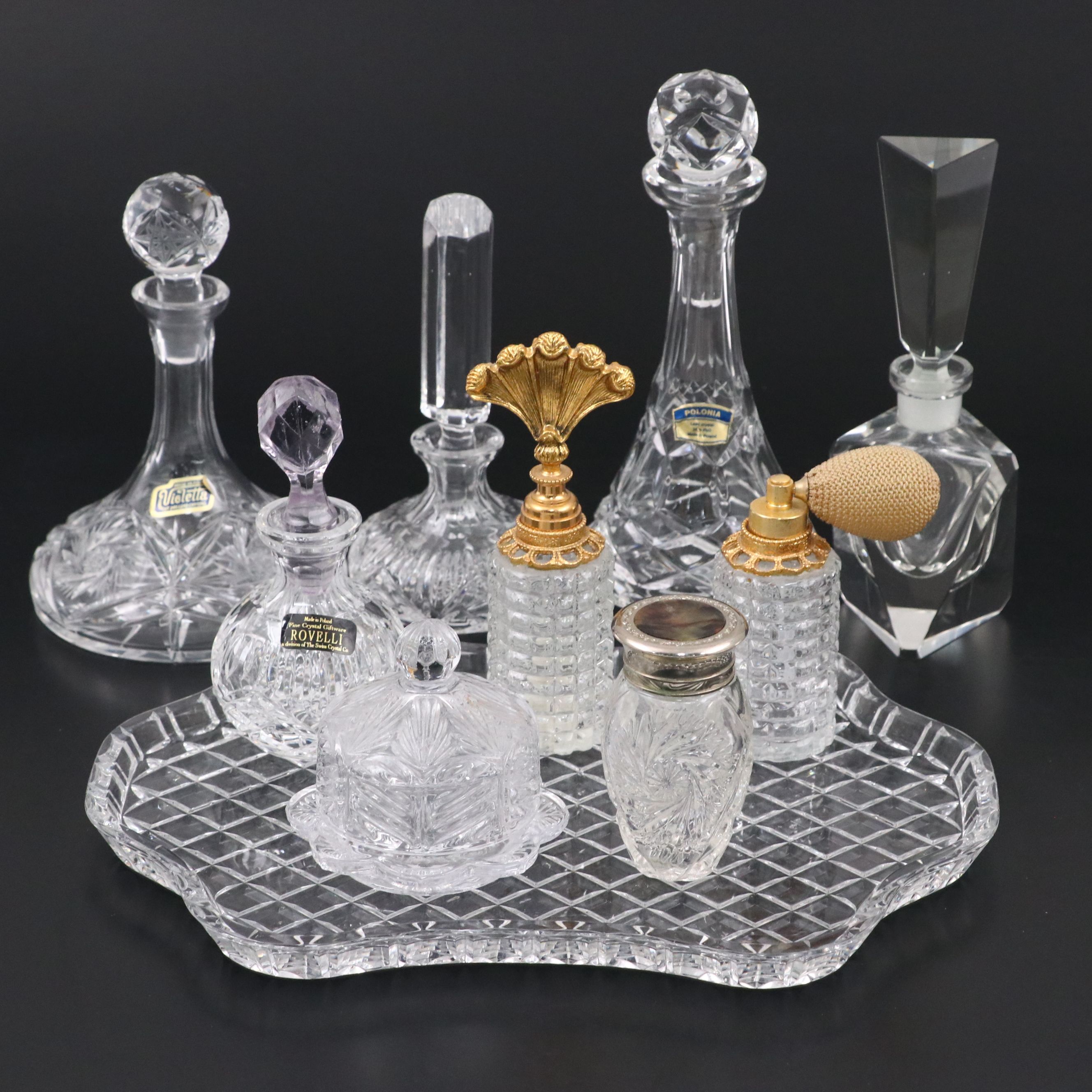 Polonia, Violetta, Rovelli, and Other Crystal Perfume Bottles and Tray