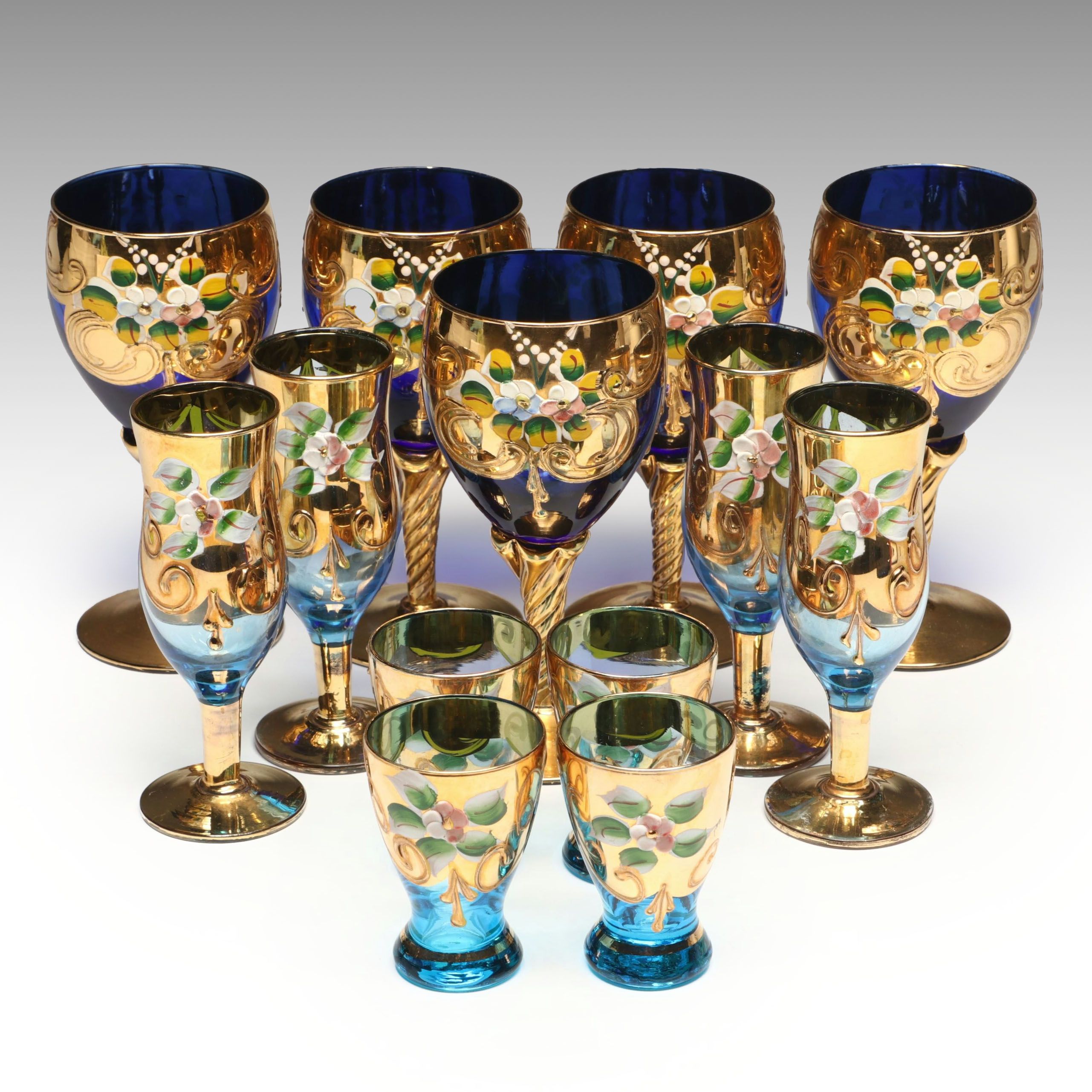 Gilt Decorated Blue Glass Stemware