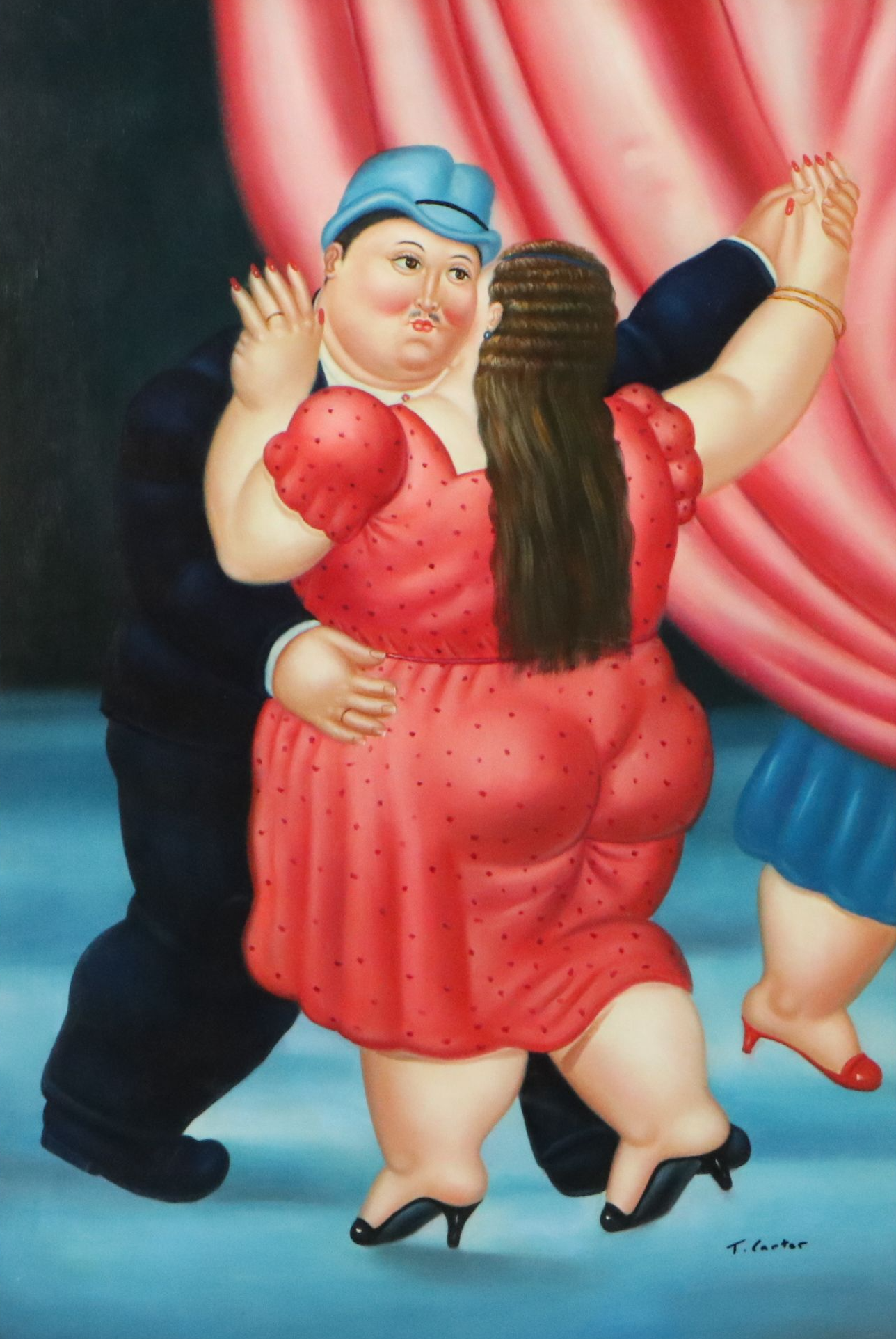 After Fernando Botero Oil Painting of Couple Dancing