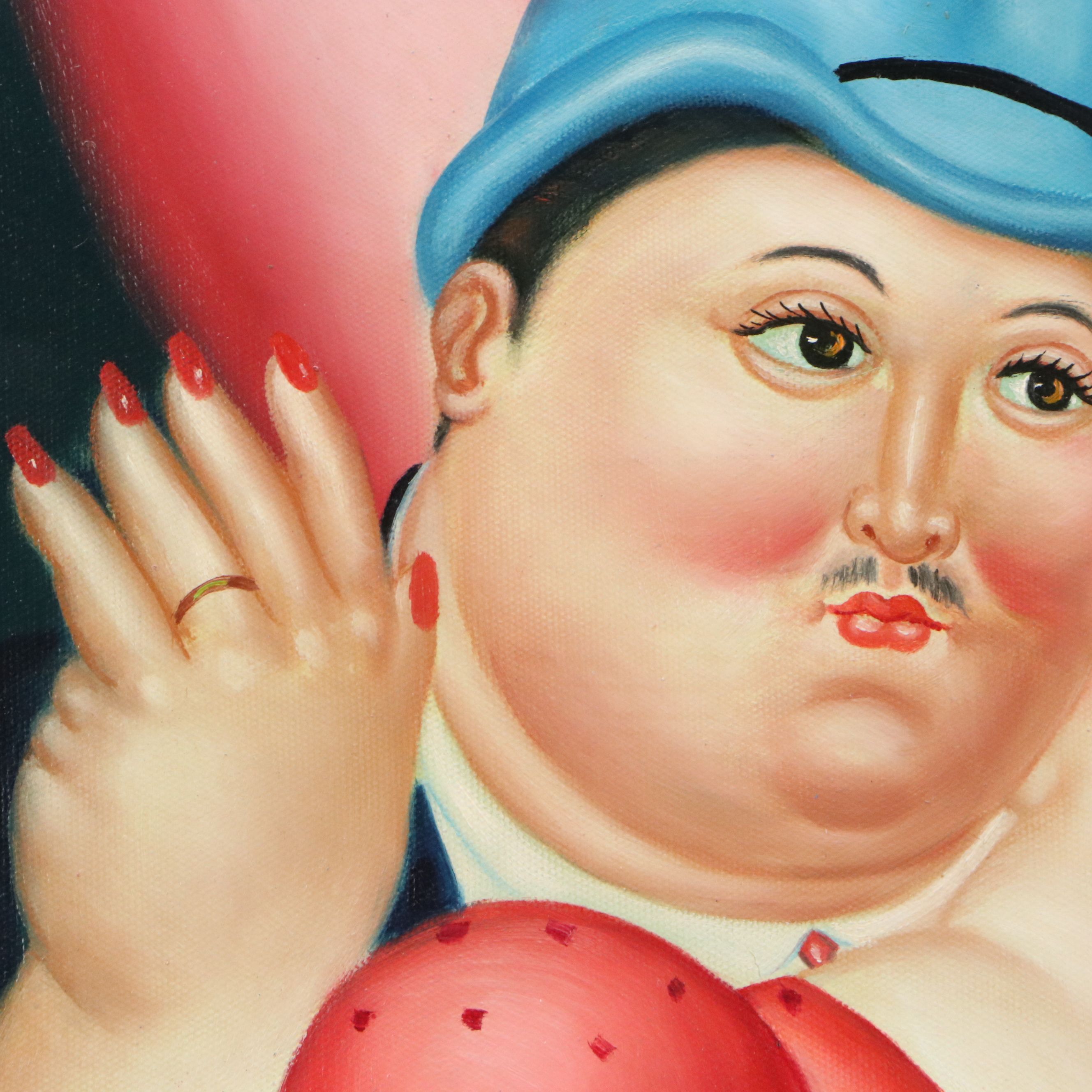 After Fernando Botero Oil Painting of Couple Dancing