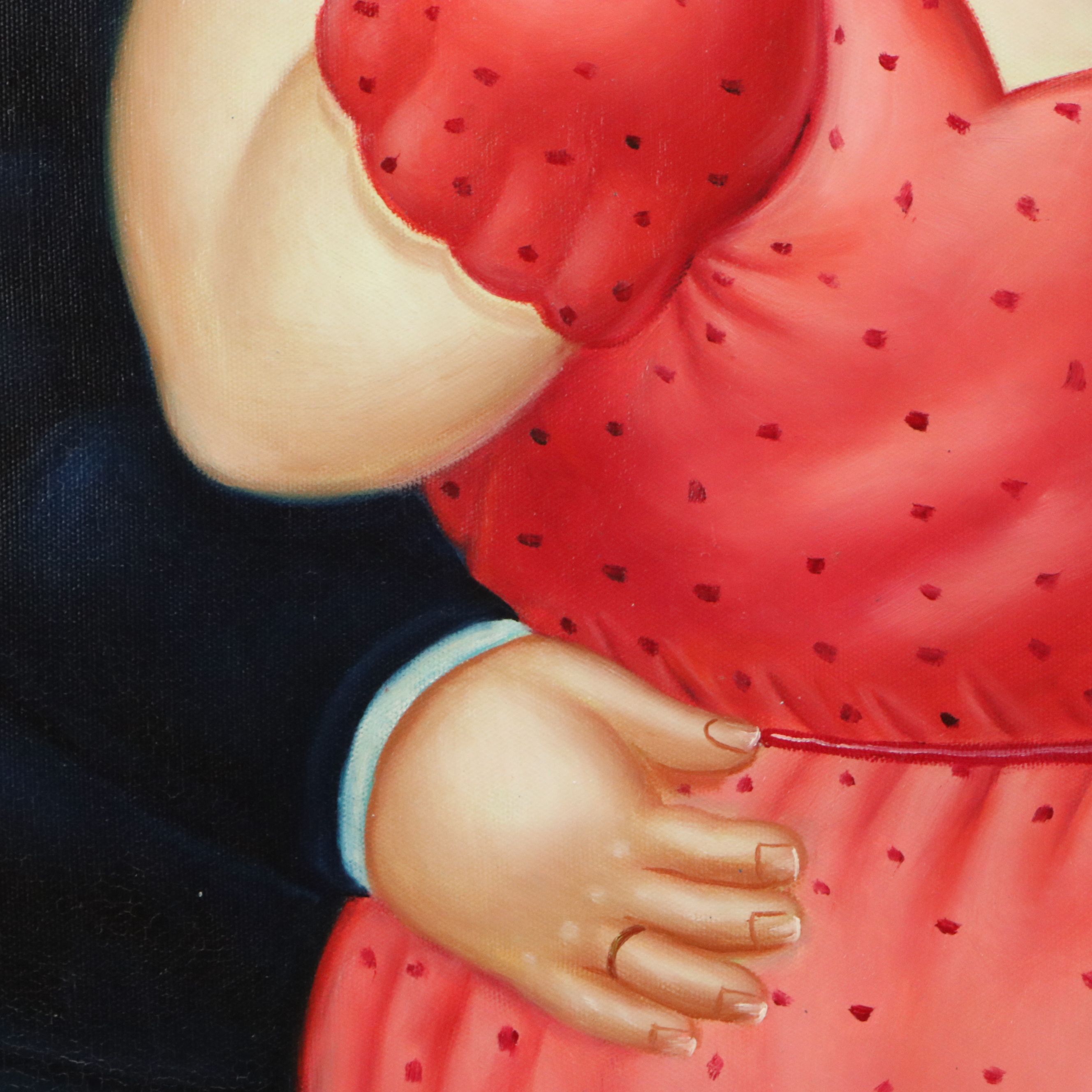 After Fernando Botero Oil Painting of Couple Dancing