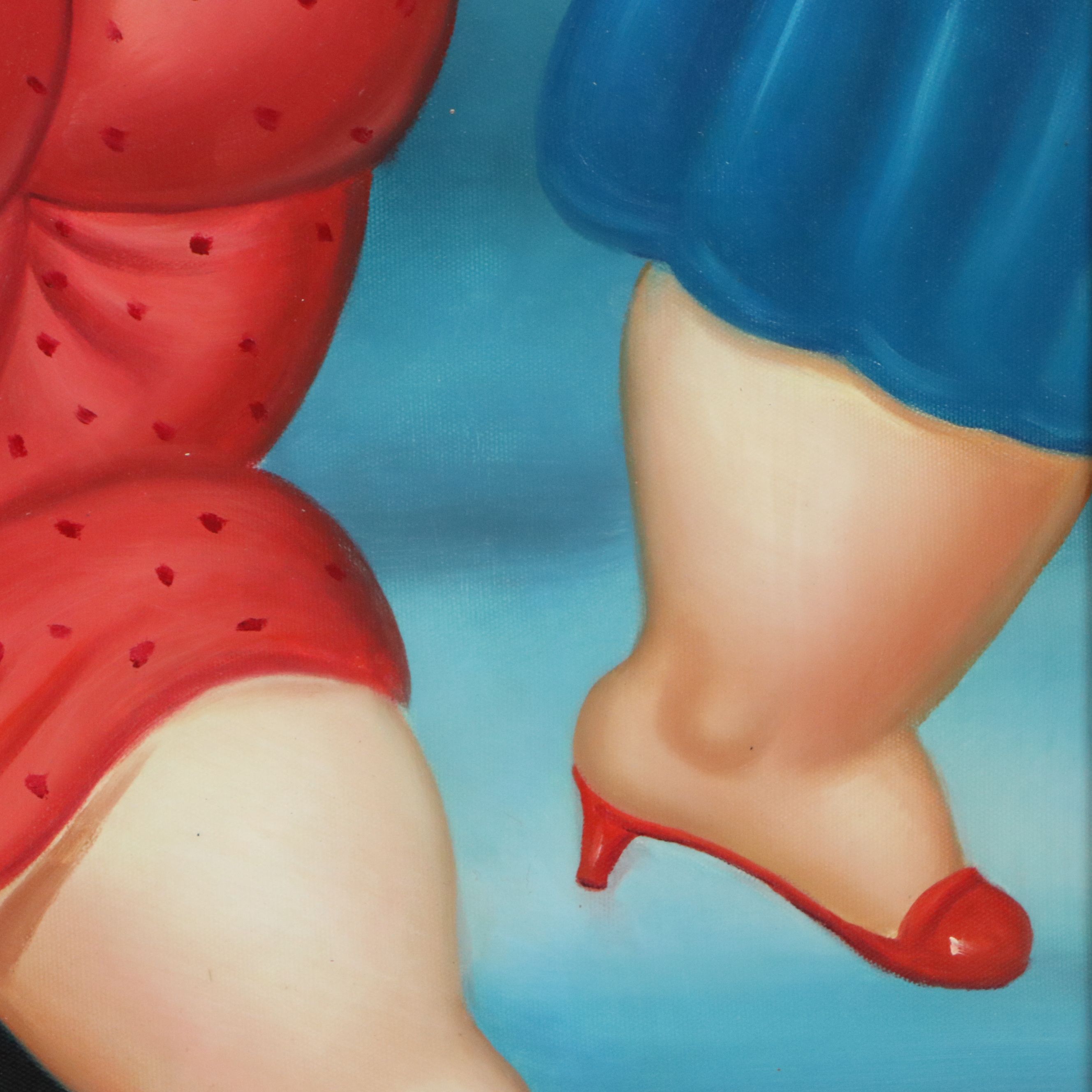 After Fernando Botero Oil Painting of Couple Dancing