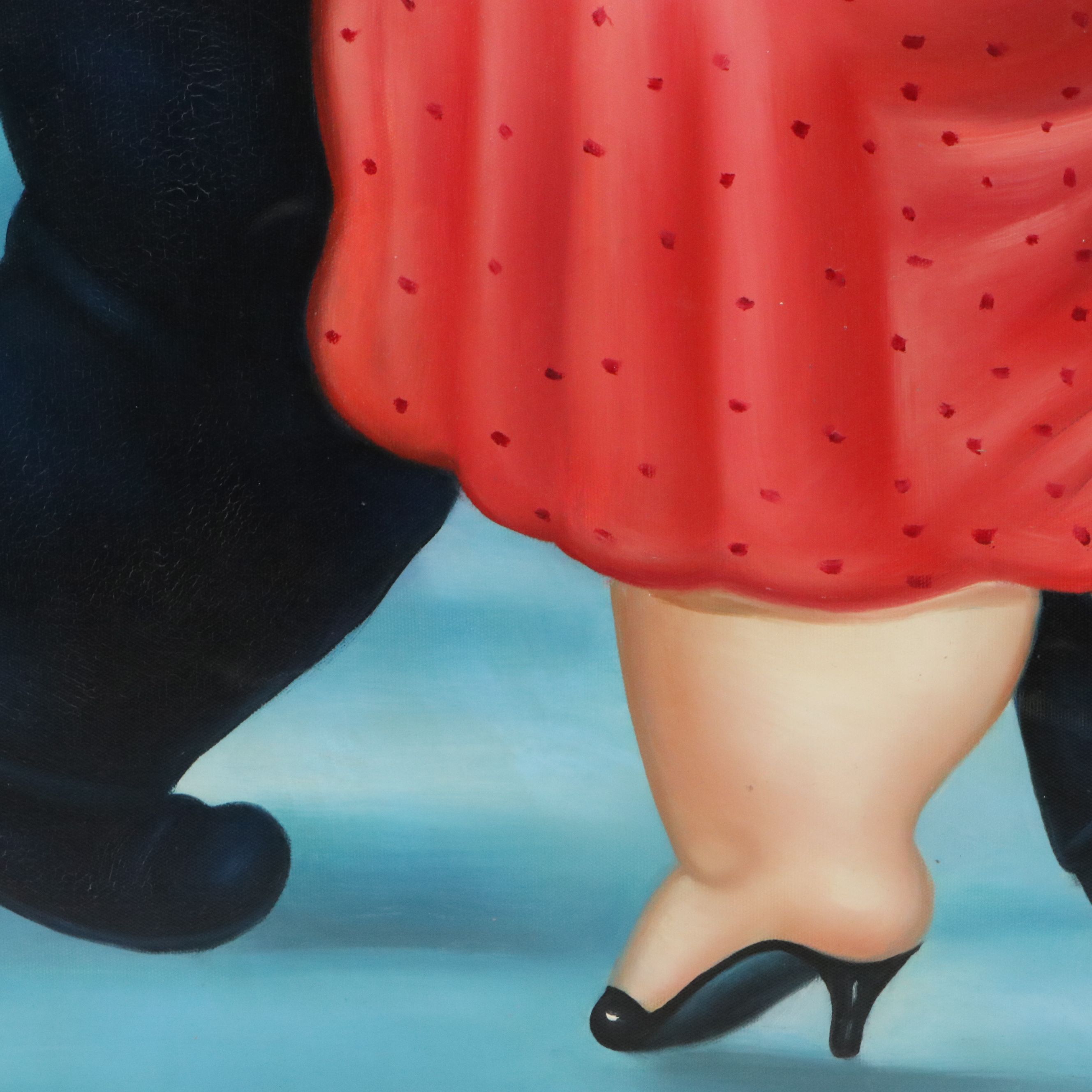After Fernando Botero Oil Painting of Couple Dancing