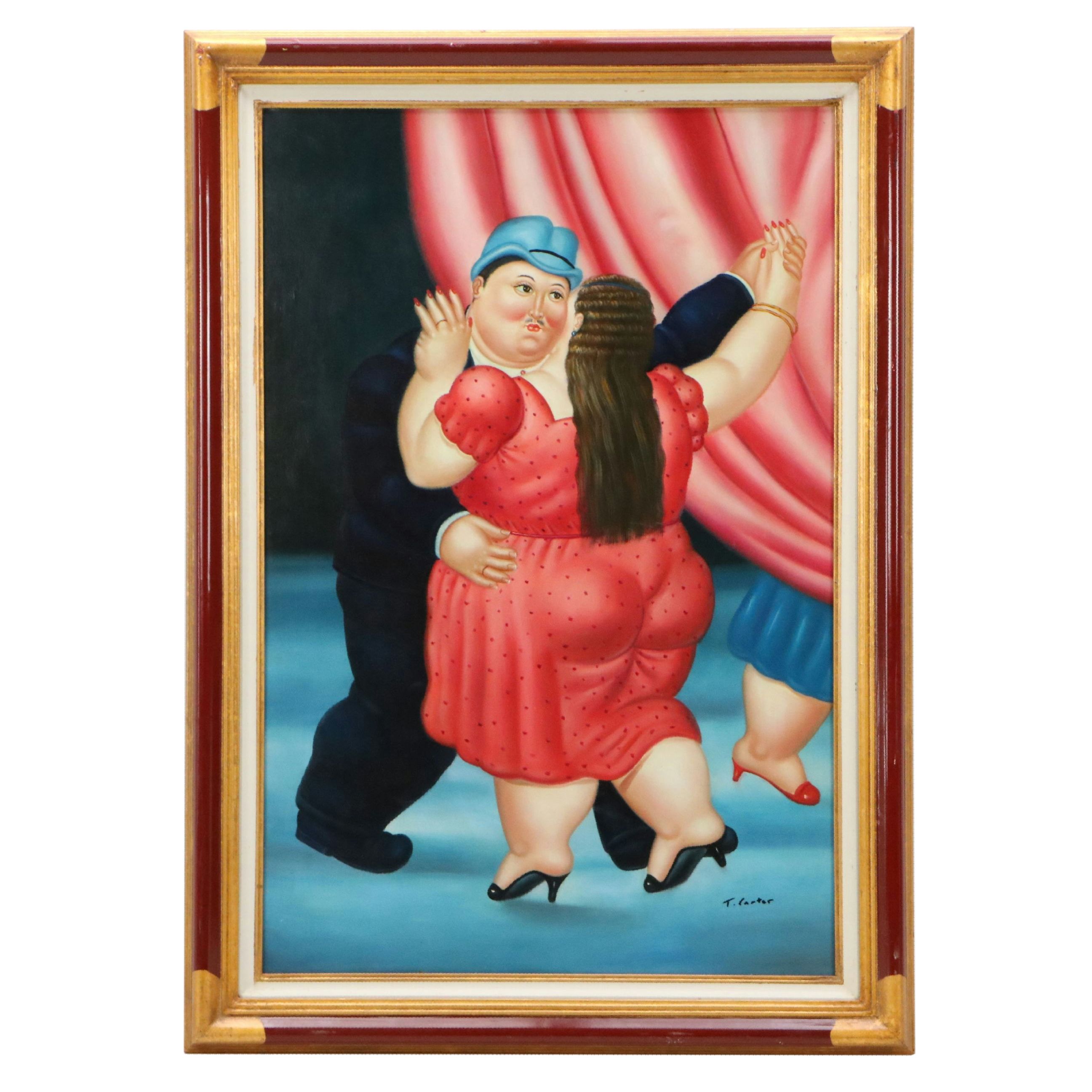 After Fernando Botero Oil Painting of Couple Dancing