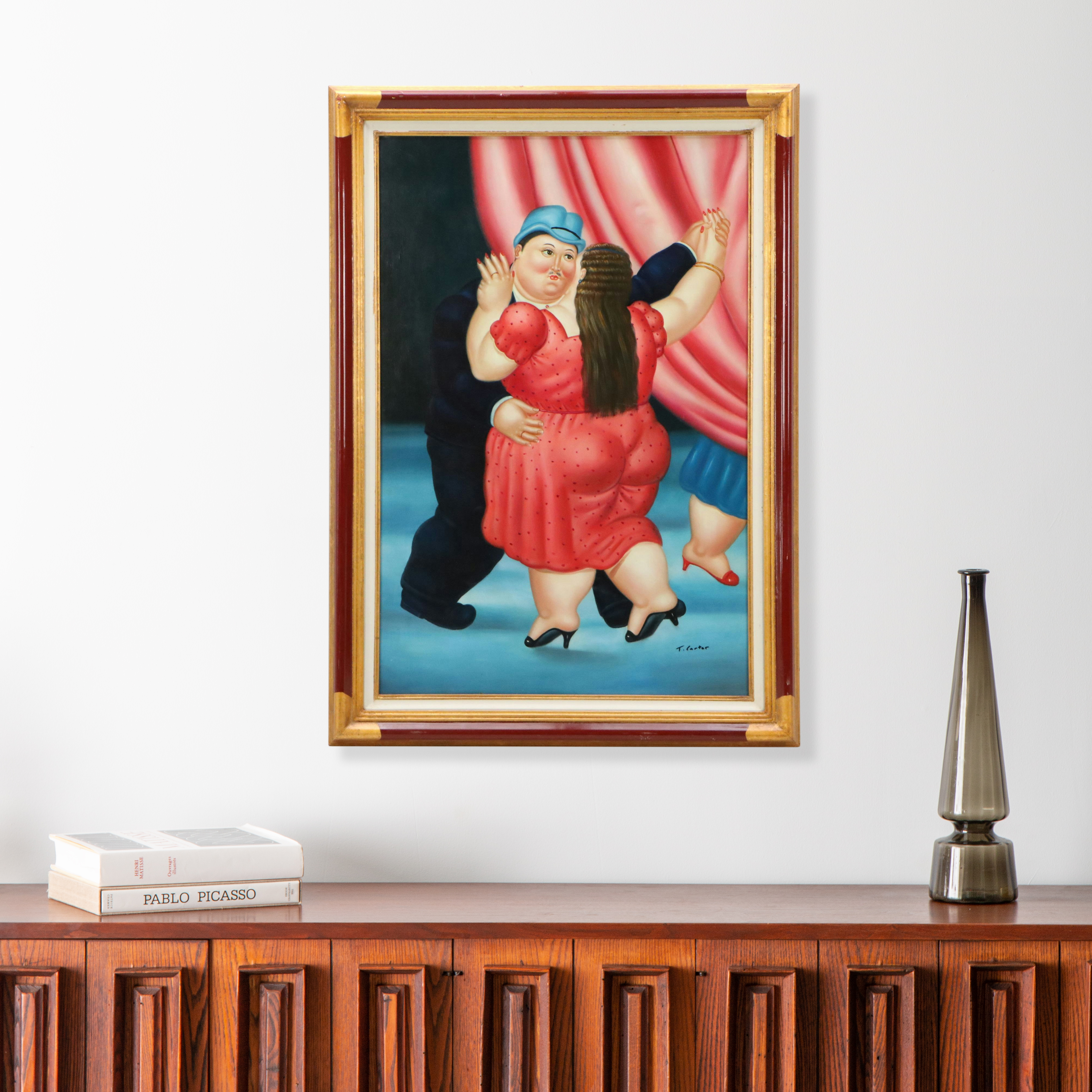 After Fernando Botero Oil Painting of Couple Dancing
