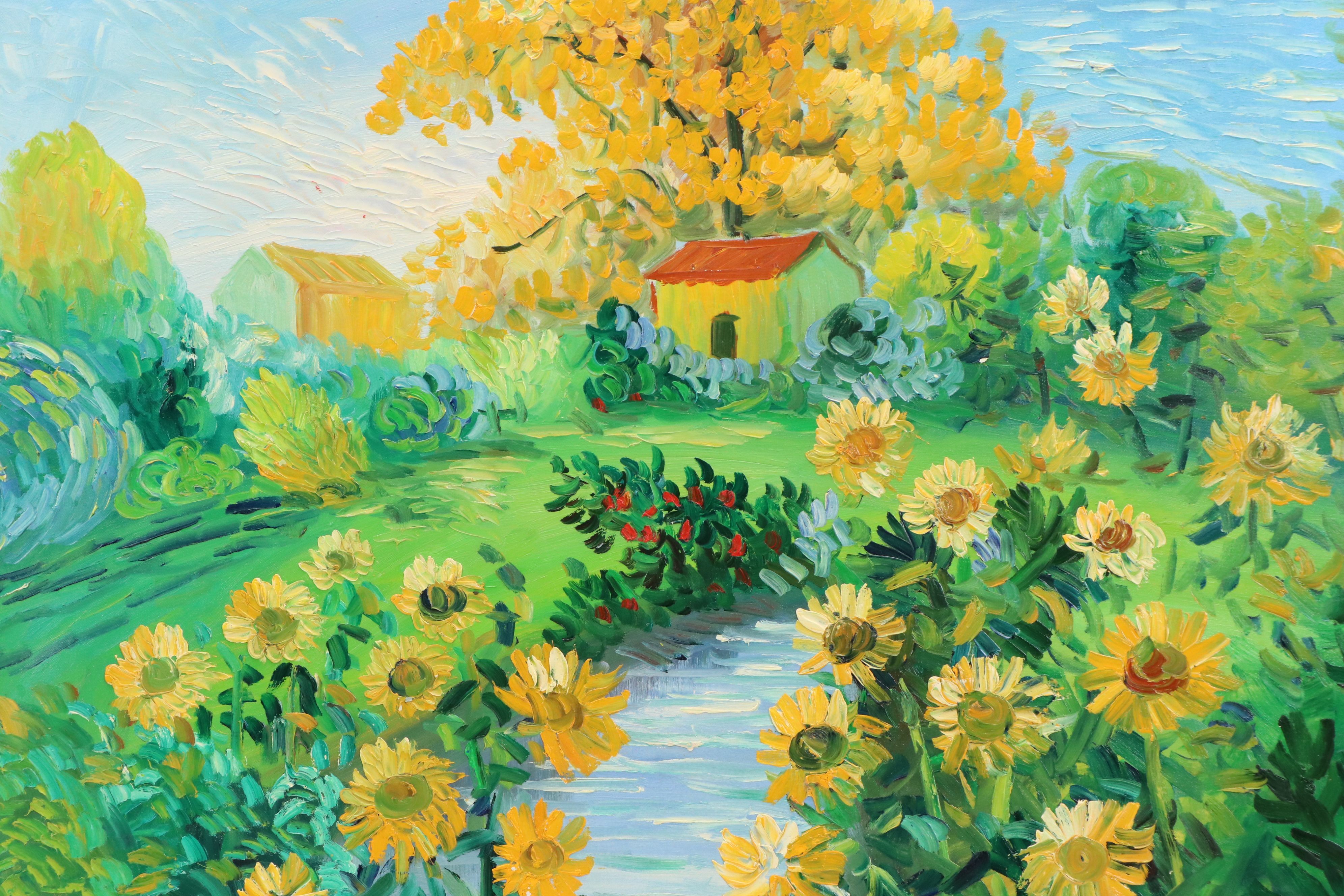 Expressionistic Oil Painting of Yard with Sunflowers, 21st Century