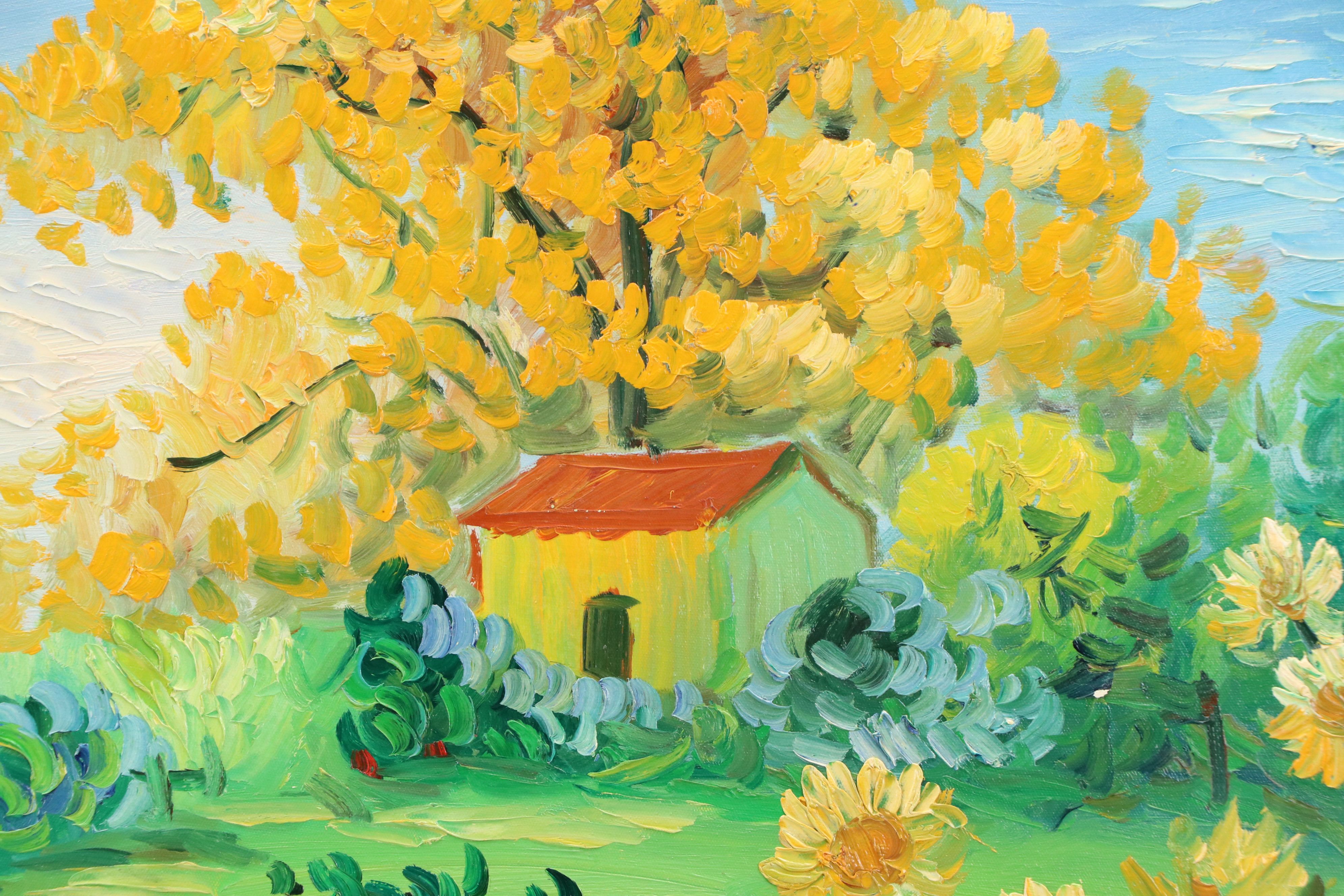 Expressionistic Oil Painting of Yard with Sunflowers, 21st Century
