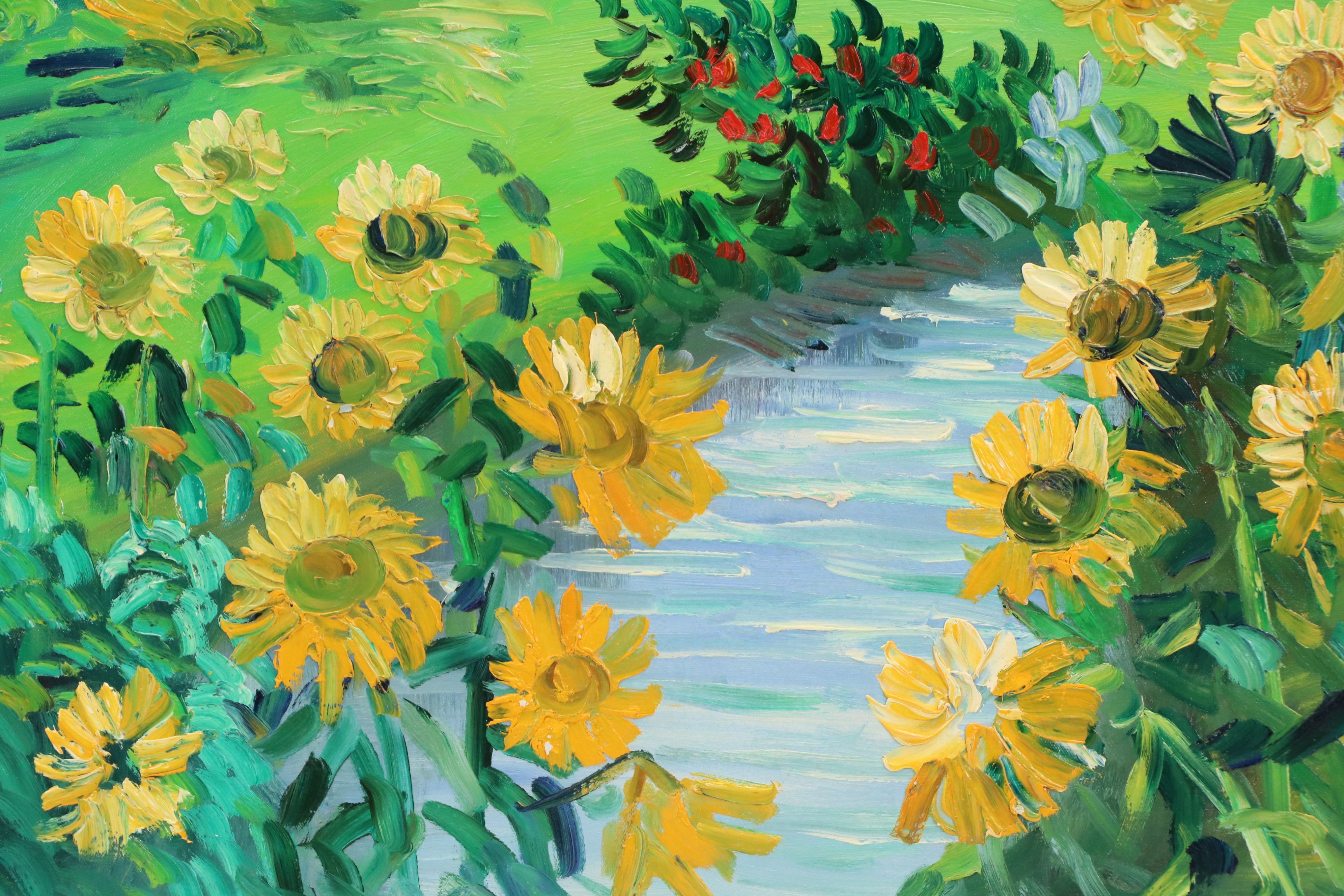 Expressionistic Oil Painting of Yard with Sunflowers, 21st Century