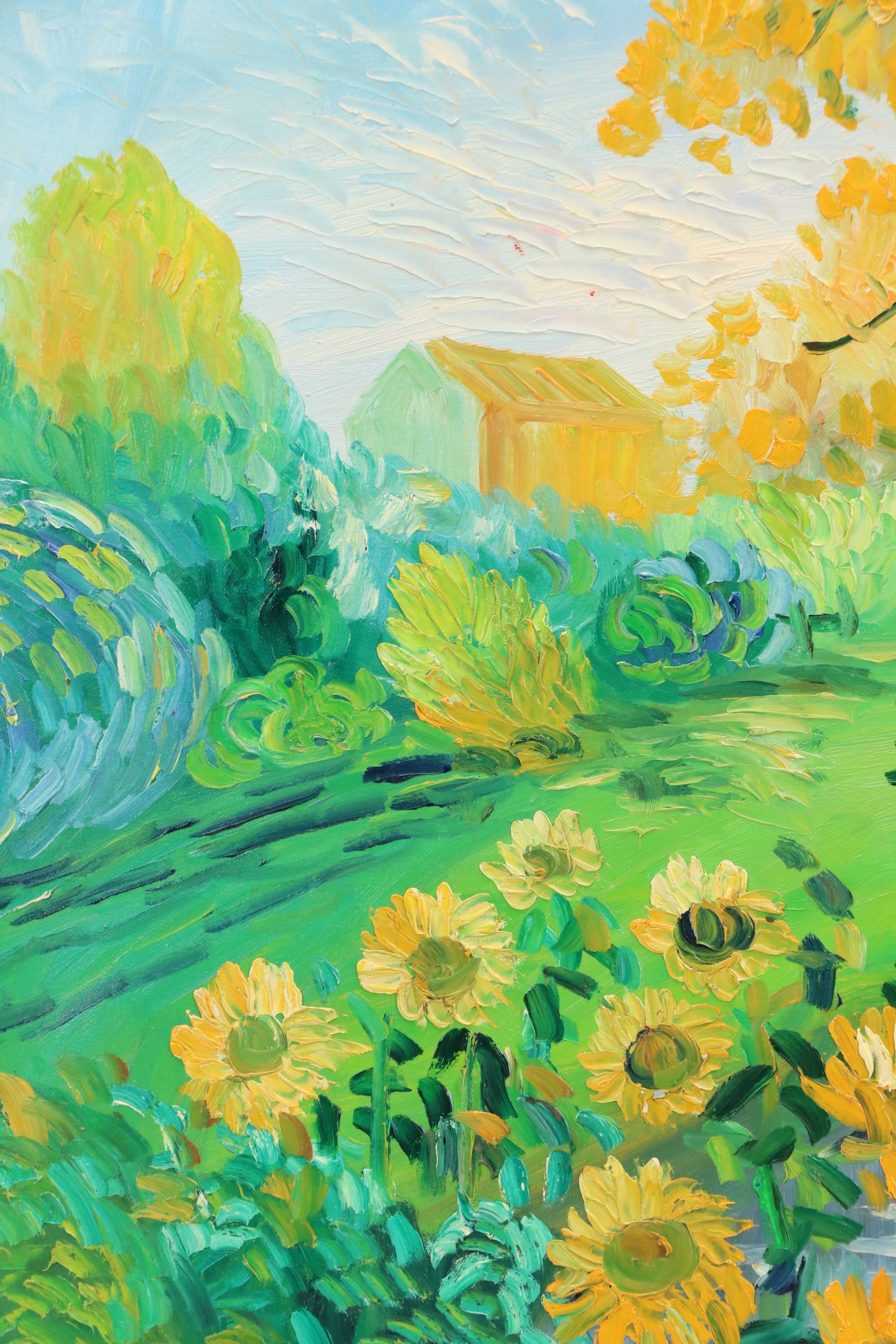Expressionistic Oil Painting of Yard with Sunflowers, 21st Century