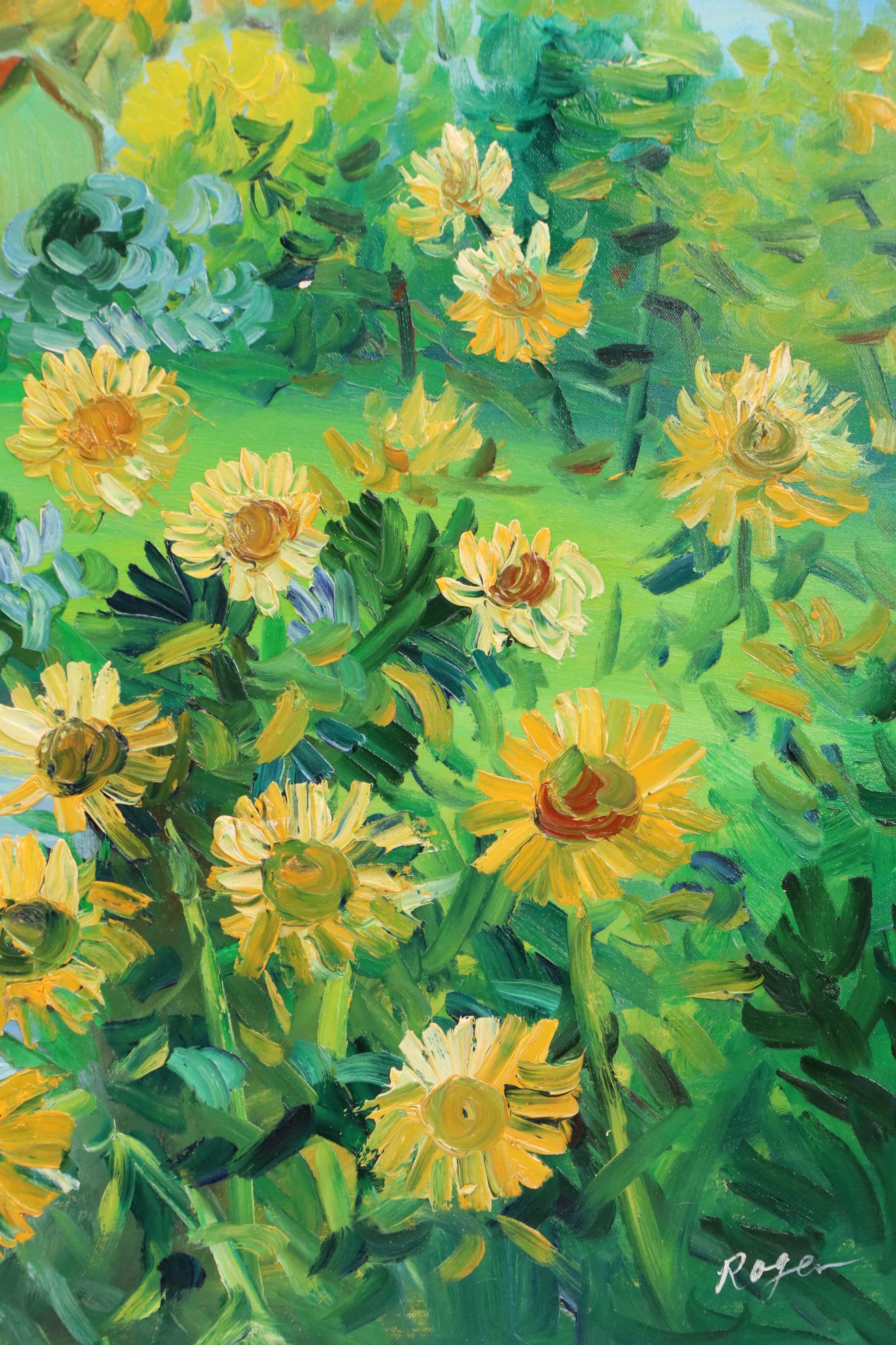 Expressionistic Oil Painting of Yard with Sunflowers, 21st Century