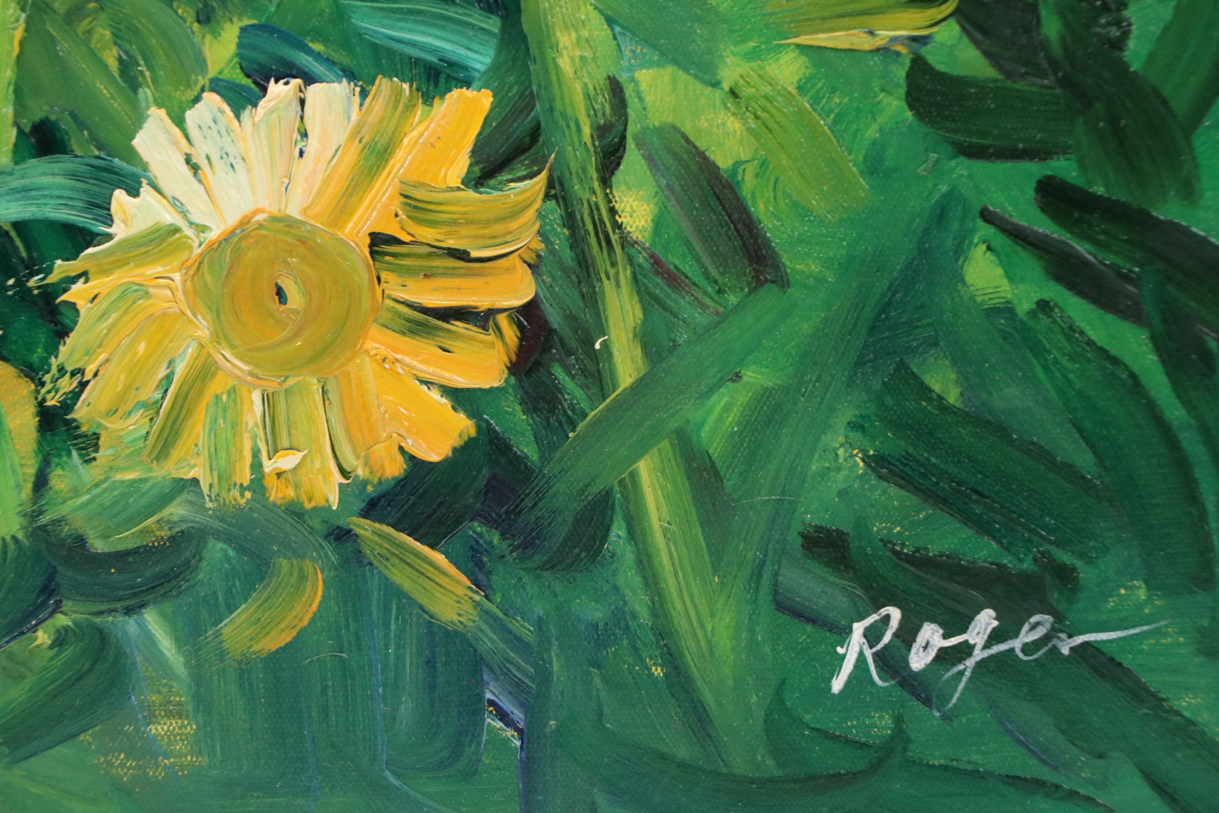 Expressionistic Oil Painting of Yard with Sunflowers, 21st Century