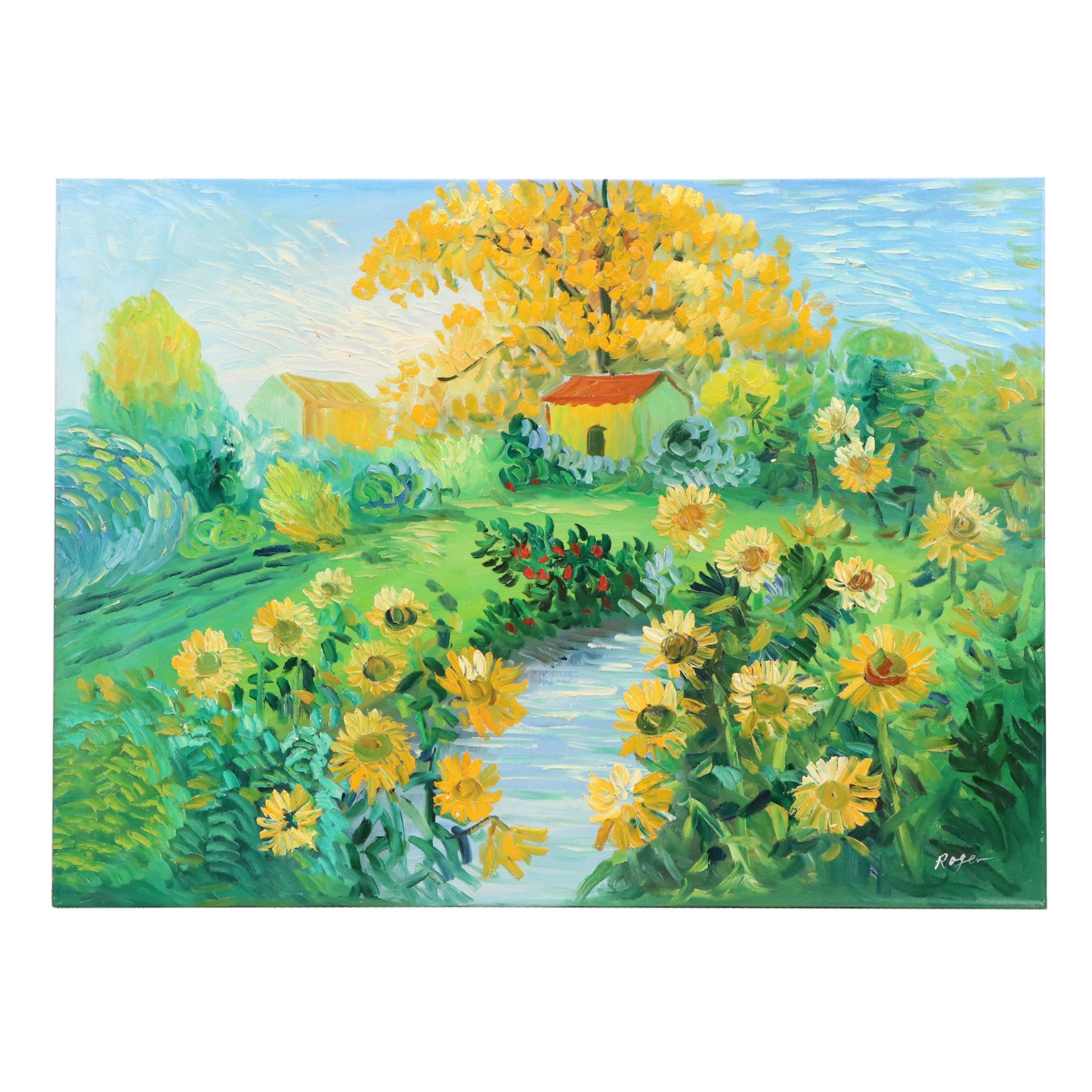 Expressionistic Oil Painting of Yard with Sunflowers, 21st Century