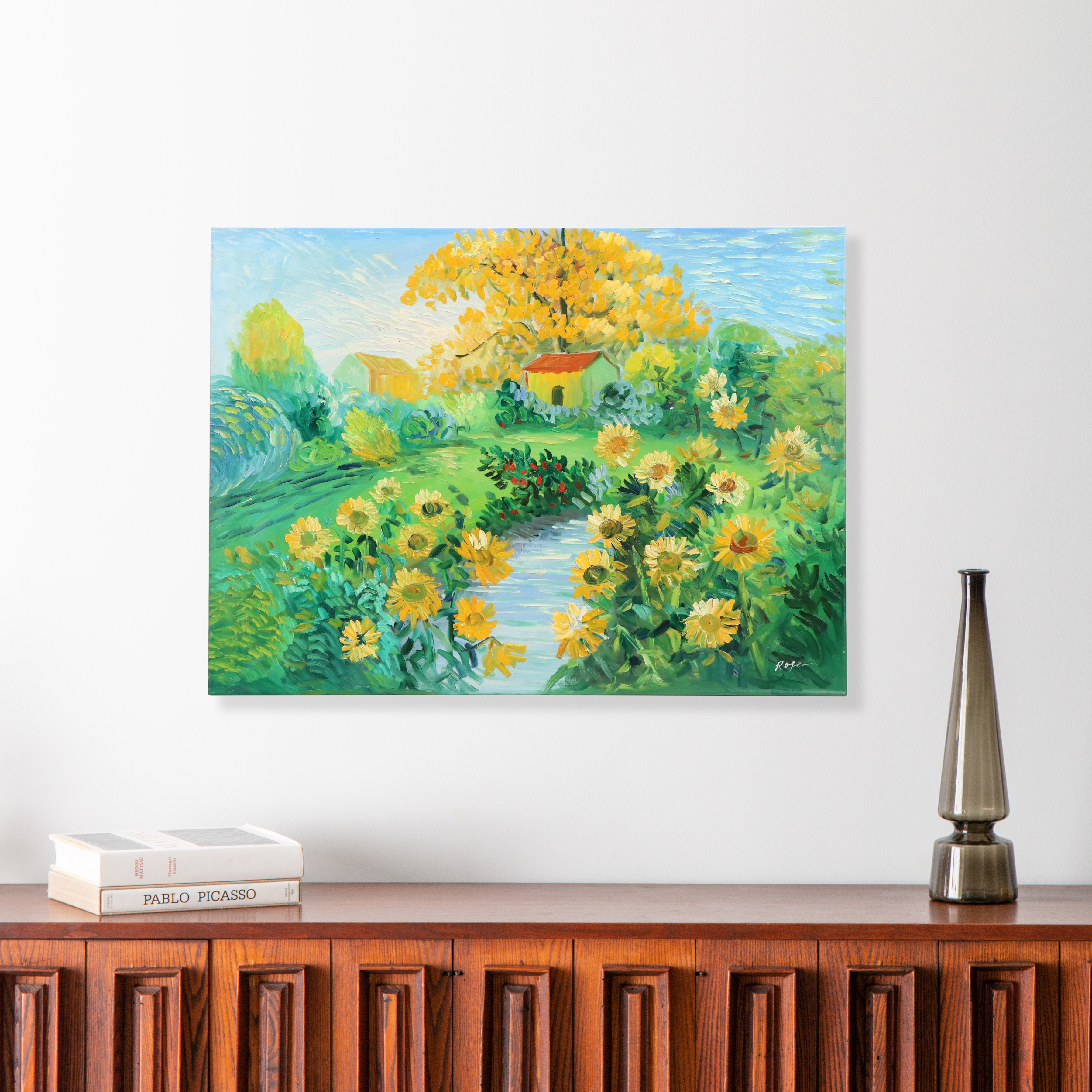 Expressionistic Oil Painting of Yard with Sunflowers, 21st Century