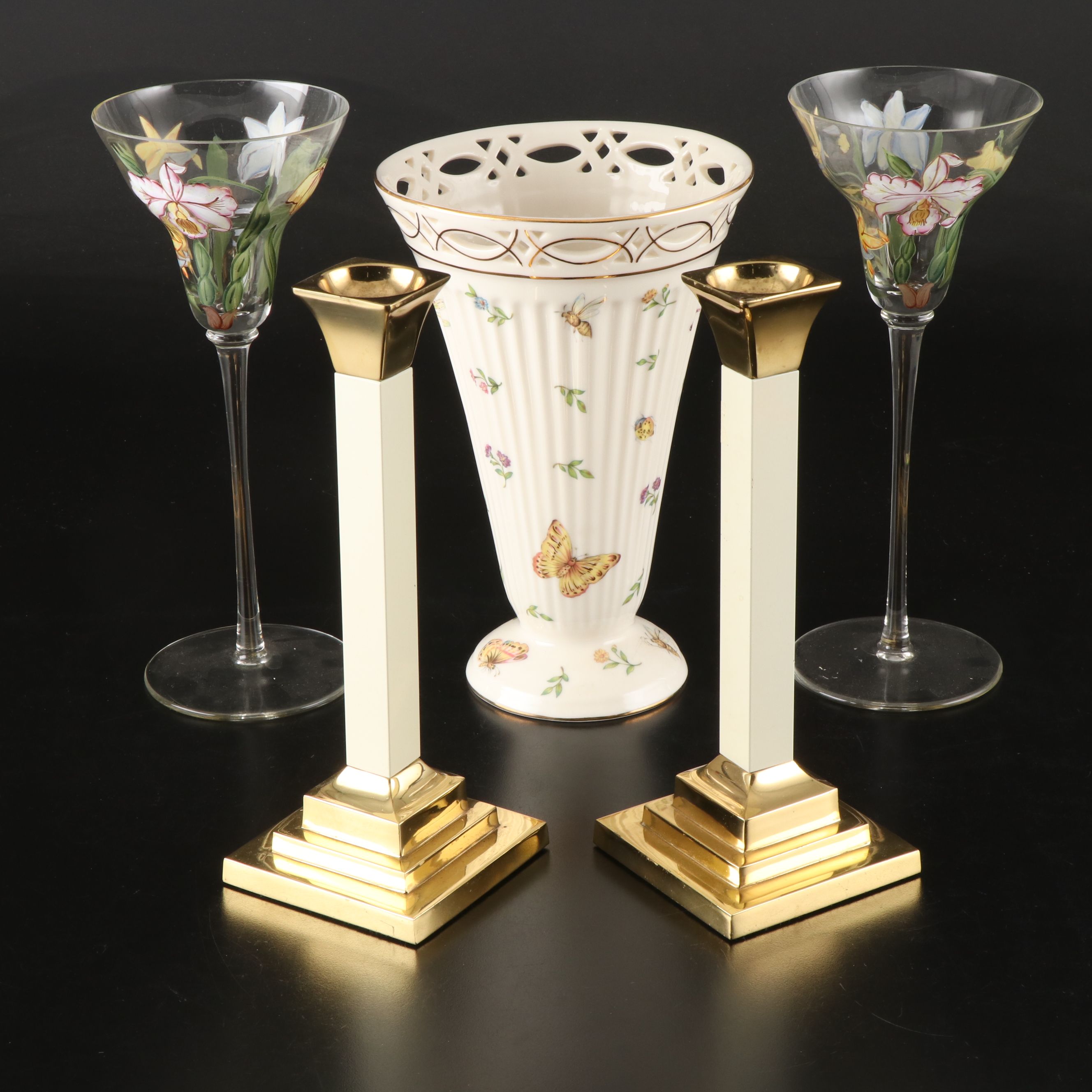 Burton & Burton Ceramic Floral Trumpet Vase with Other Candlesticks and Stemware