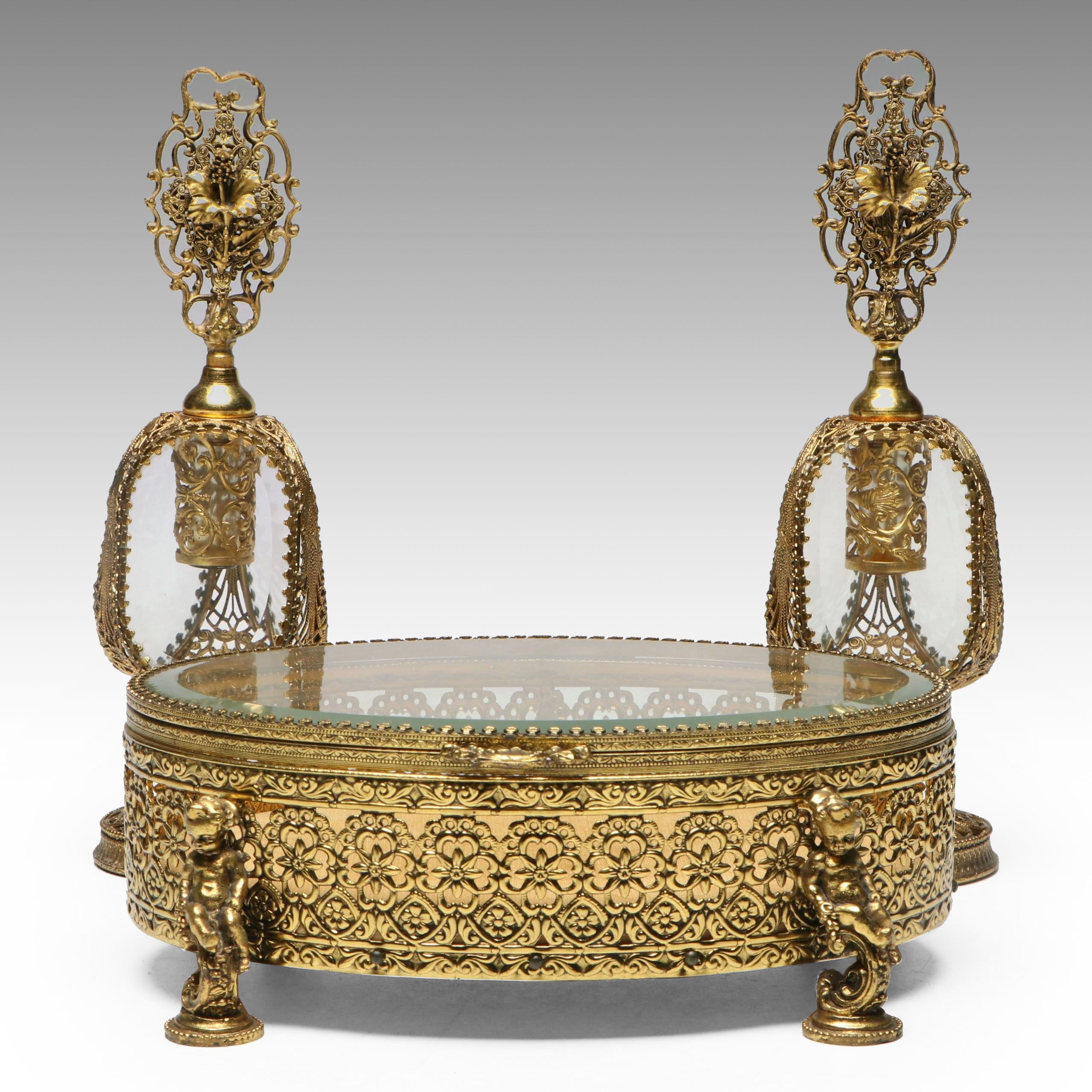 Ormolu Mount Glass Jewelry Casket and Perfume Bottles