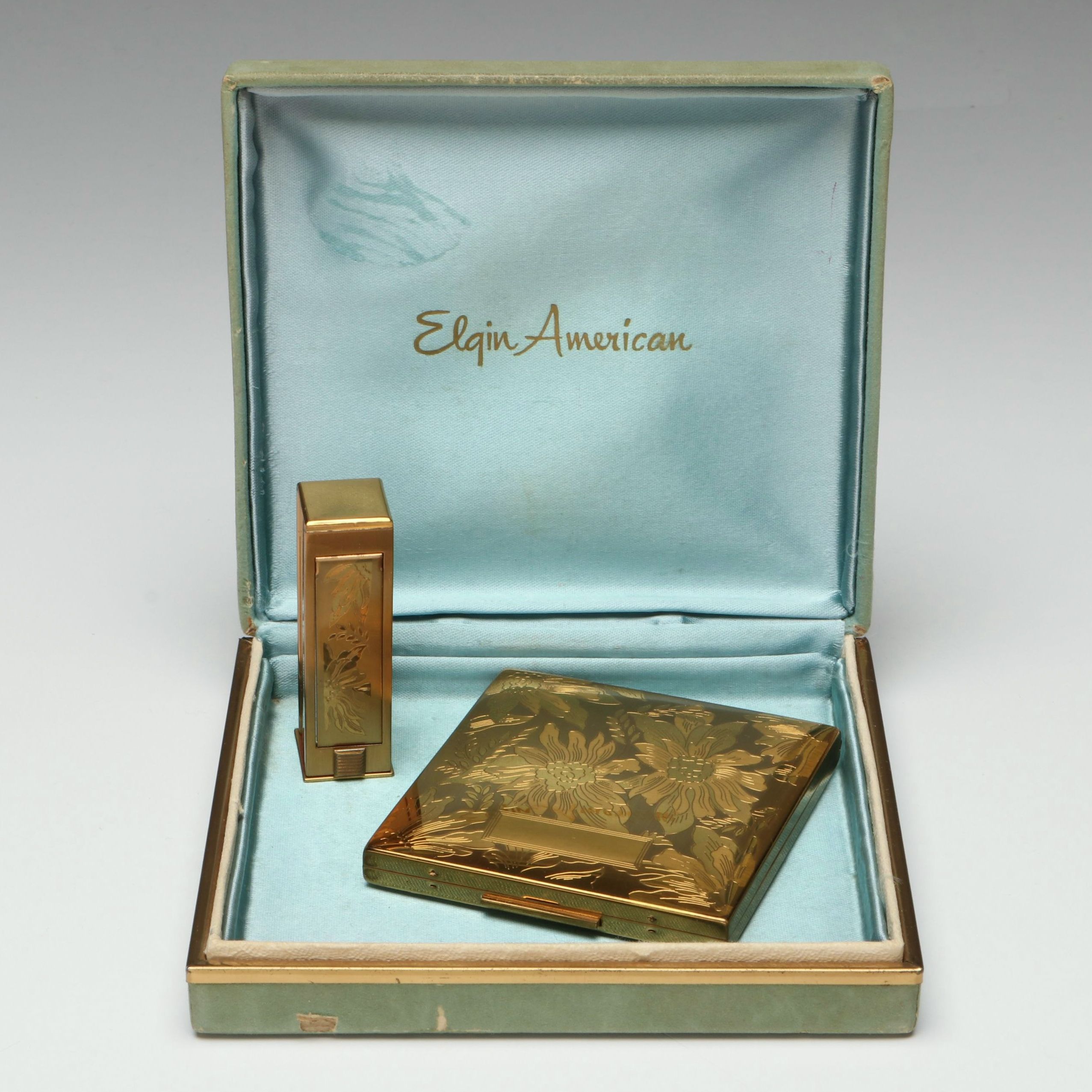 Elgin American Gold Finish Compact and Lipstick Case Set, 1950s