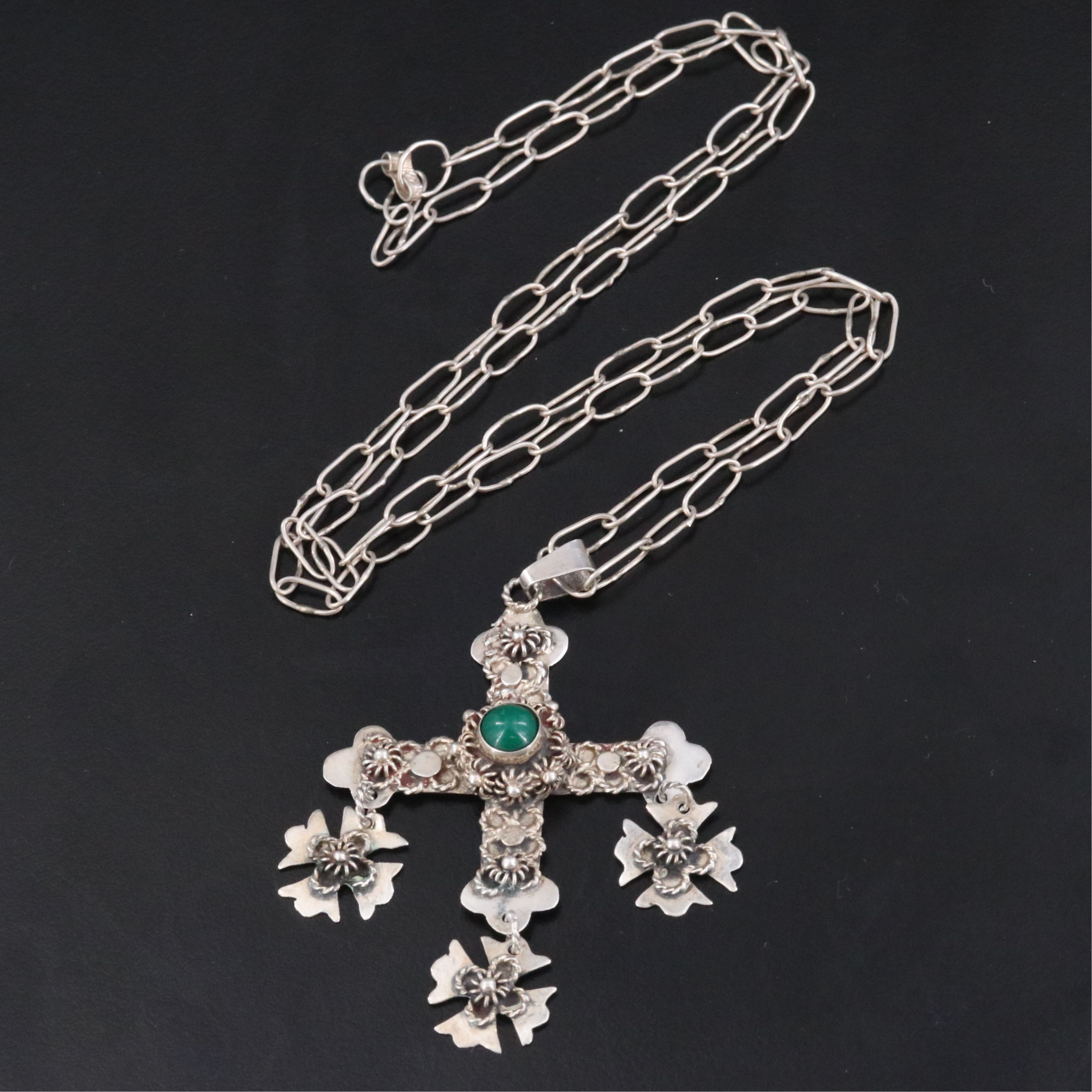 Mexican Sterling Yalalag Triple Cross Pendant Necklace