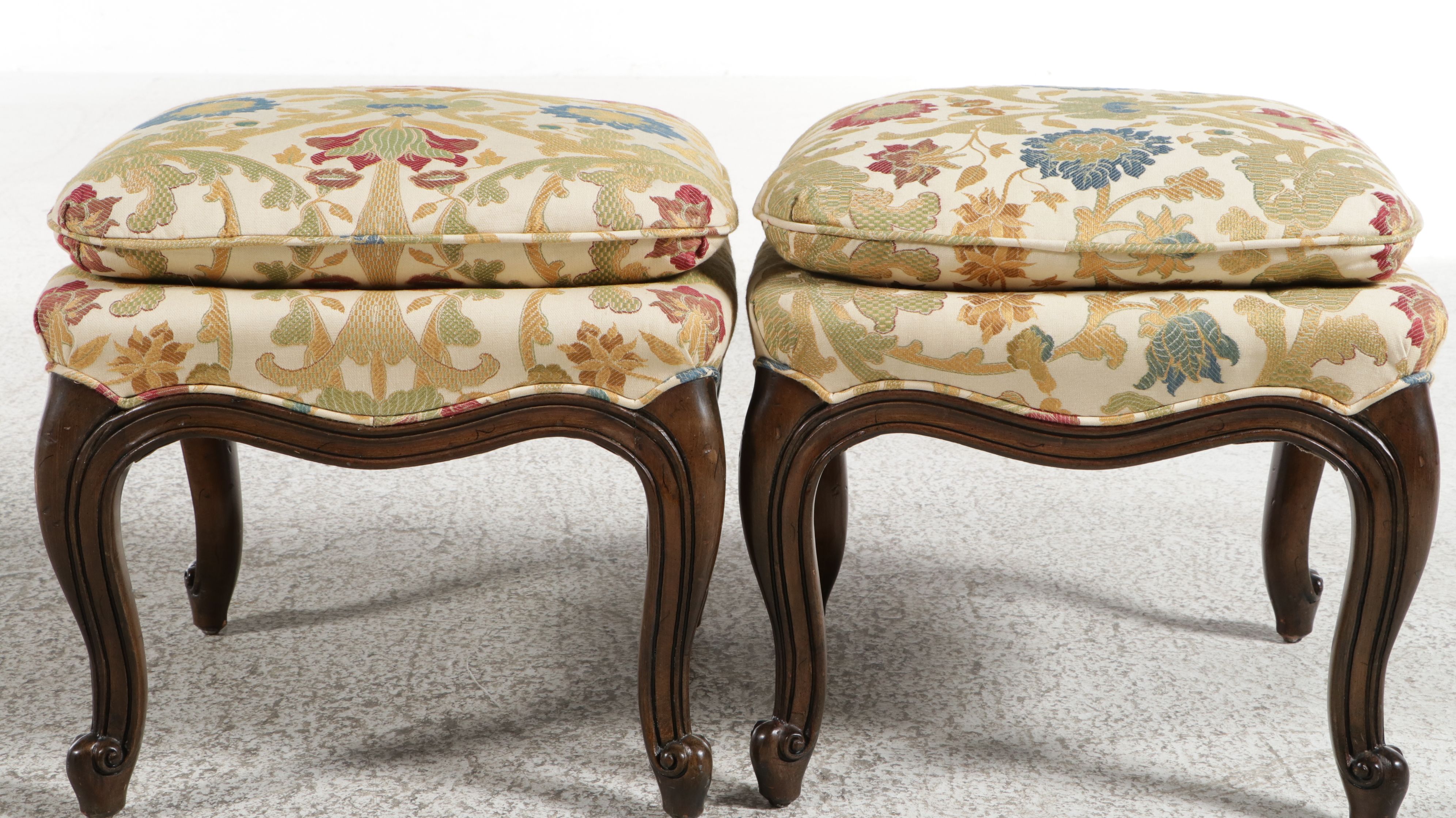 Pair of Louis XV Style Upholstered  Footstool Ottomans, Early to Mid-20th C.