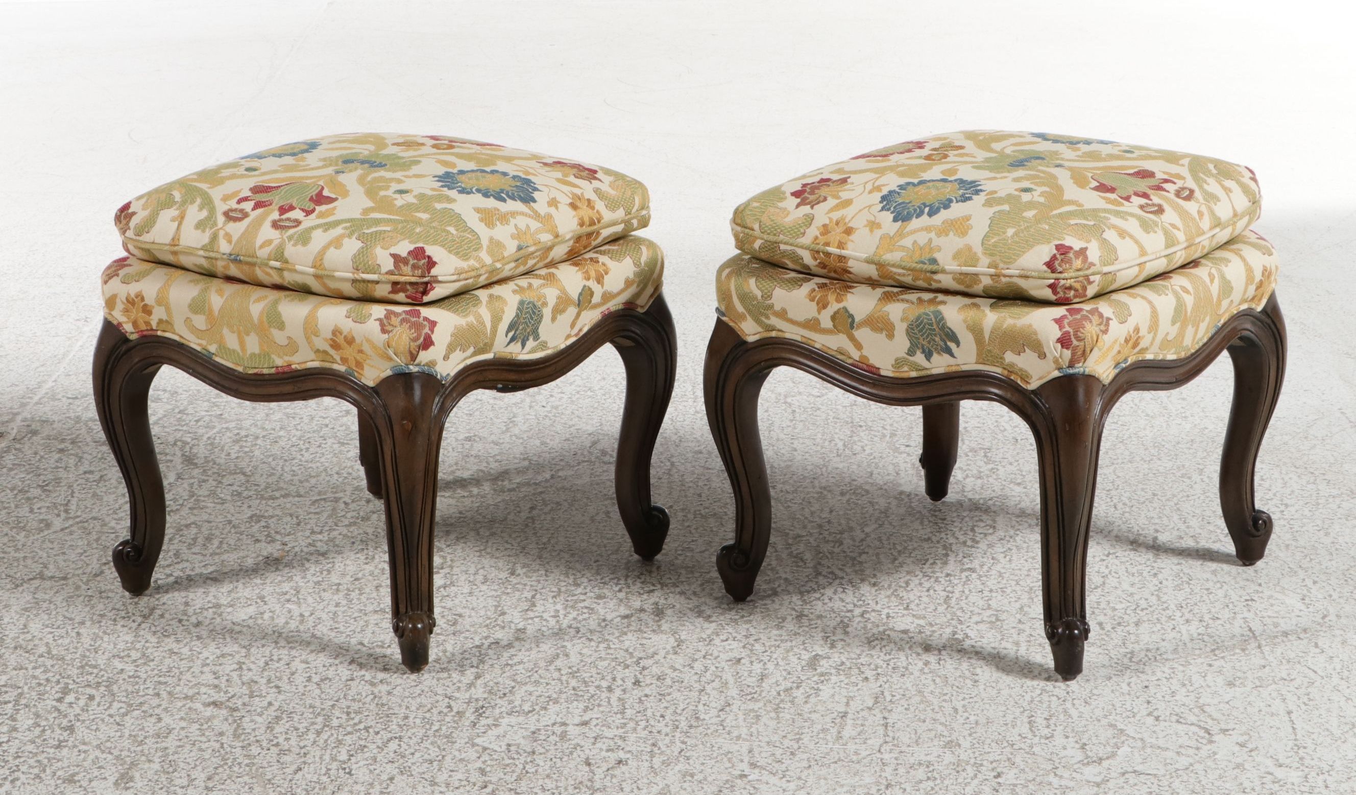 Pair of Louis XV Style Upholstered  Footstool Ottomans, Early to Mid-20th C.