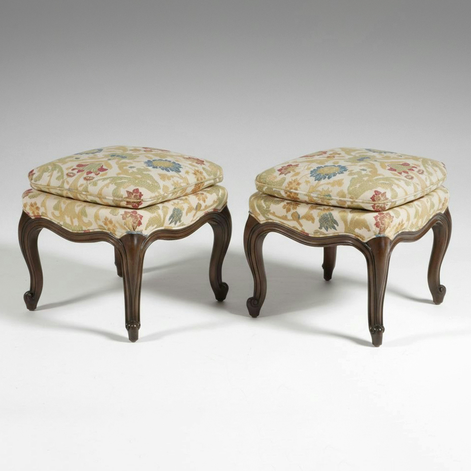 Pair of Louis XV Style Upholstered  Footstool Ottomans, Early to Mid-20th C.