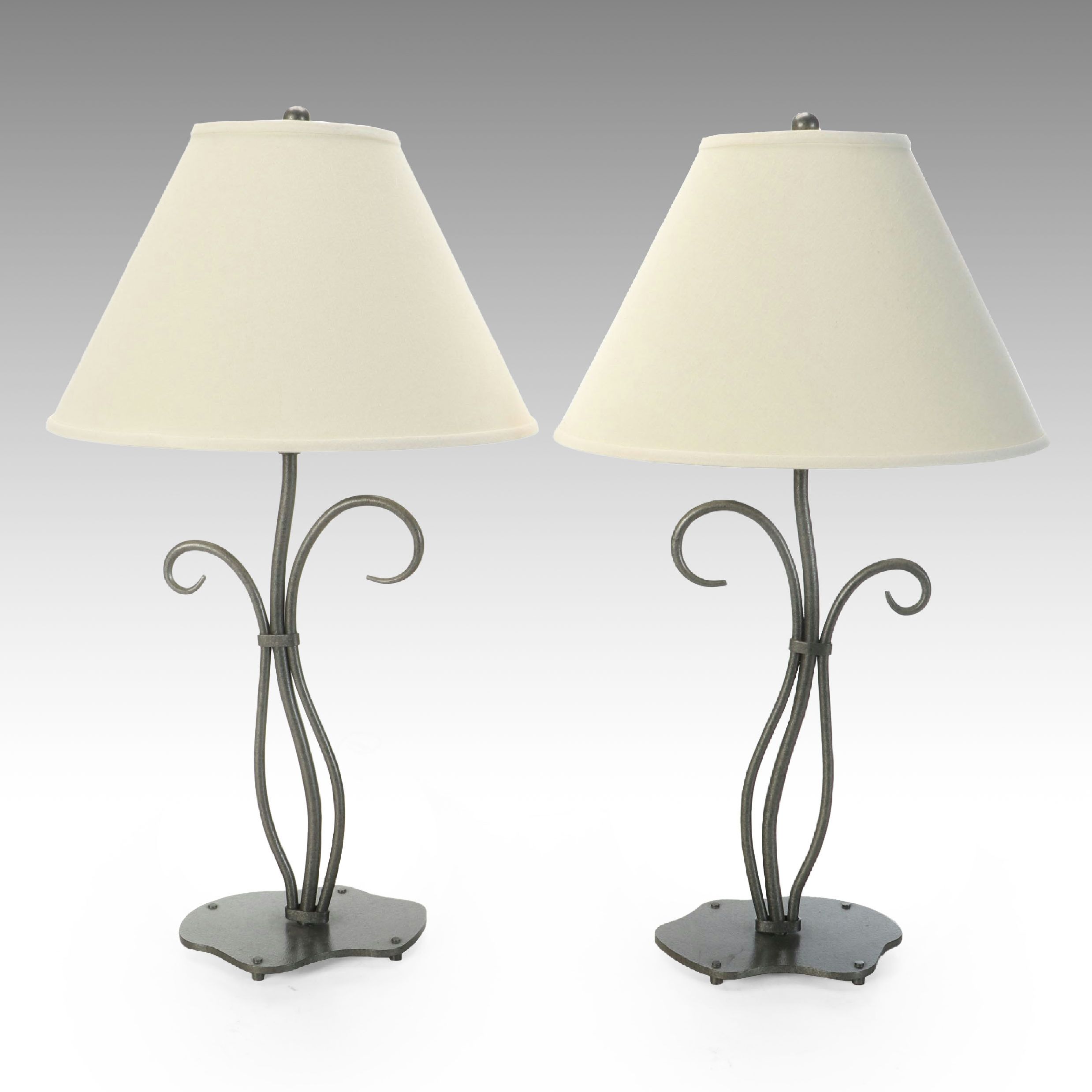 Hubbardton Forge Wrought Iron Table Lamps with Cotton Shades
