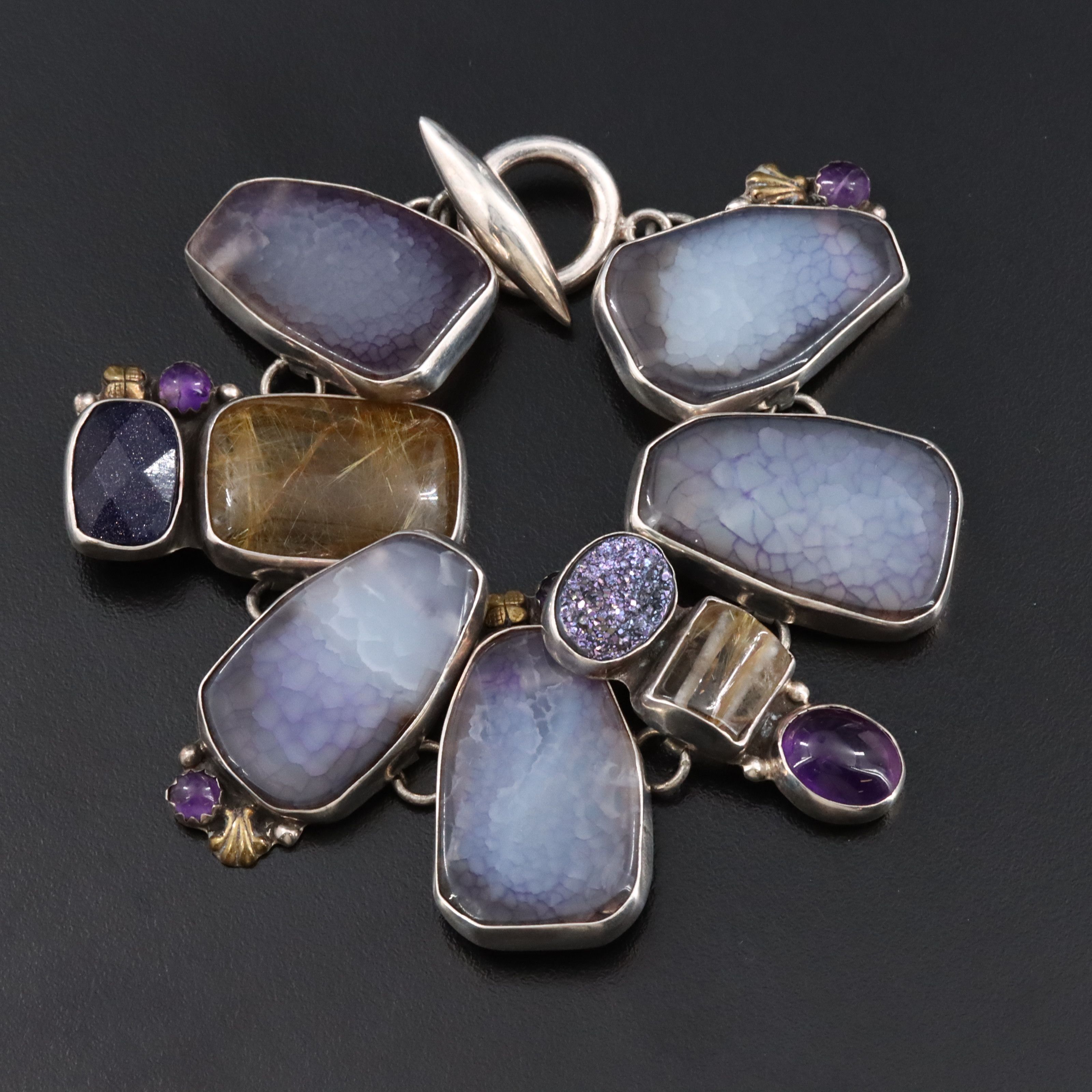 Amy Kahn Russell Sterling Agate, Rutilated Quartz and Gemstone Bracelet