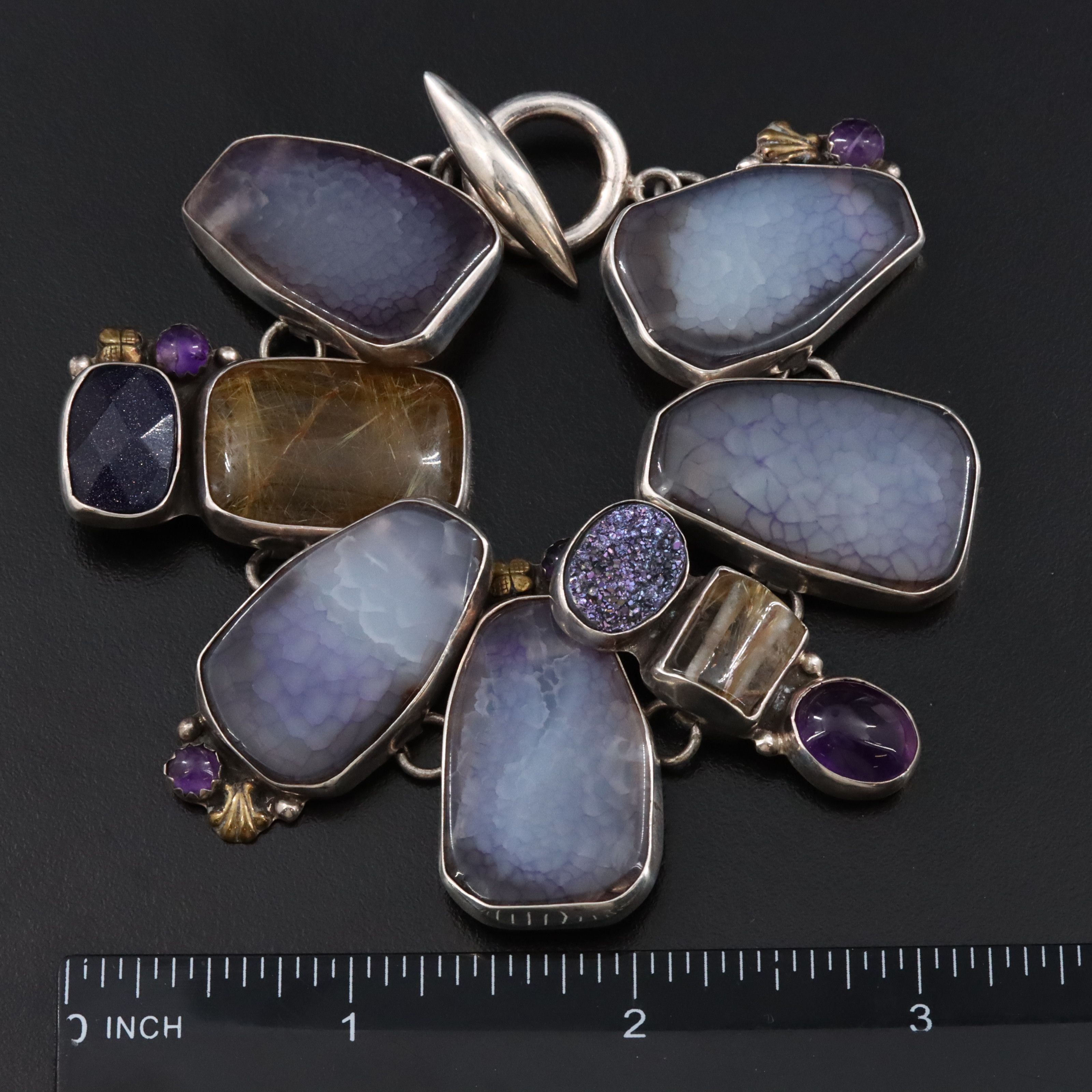 Amy Kahn Russell Sterling Agate, Rutilated Quartz and Gemstone Bracelet