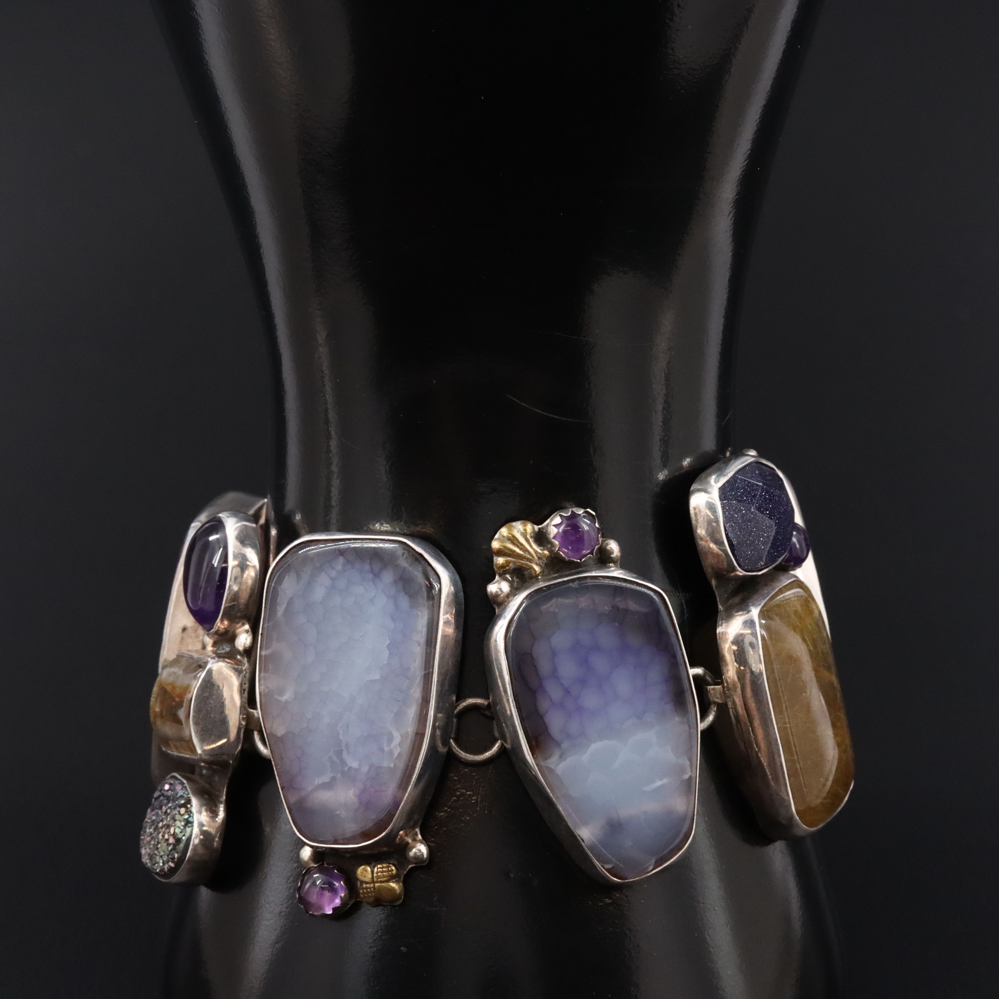 Amy Kahn Russell Sterling Agate, Rutilated Quartz and Gemstone Bracelet