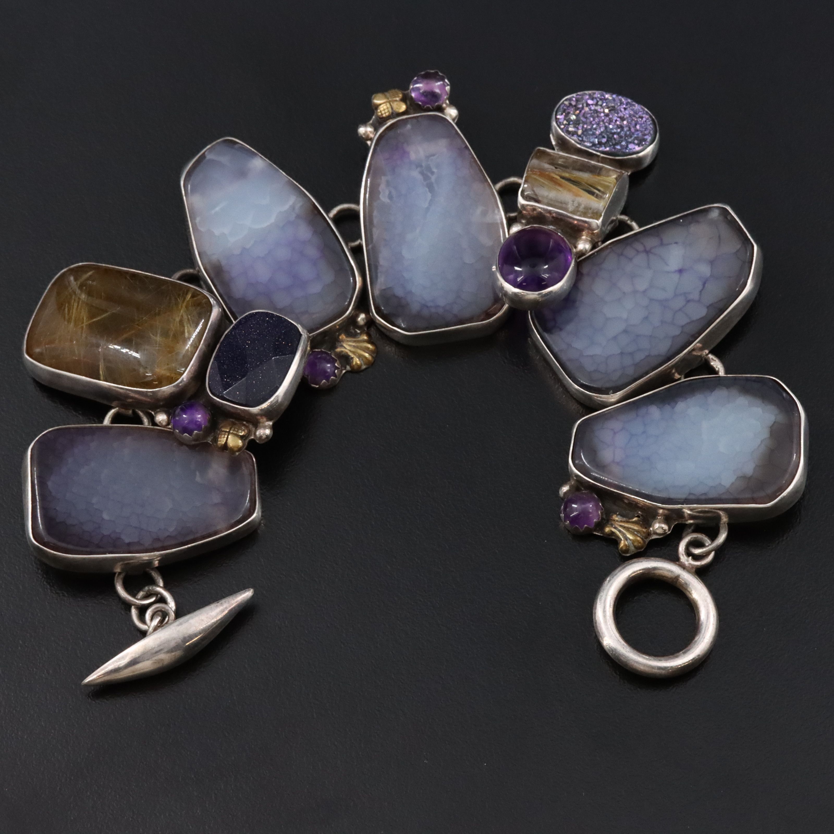 Amy Kahn Russell Sterling Agate, Rutilated Quartz and Gemstone Bracelet