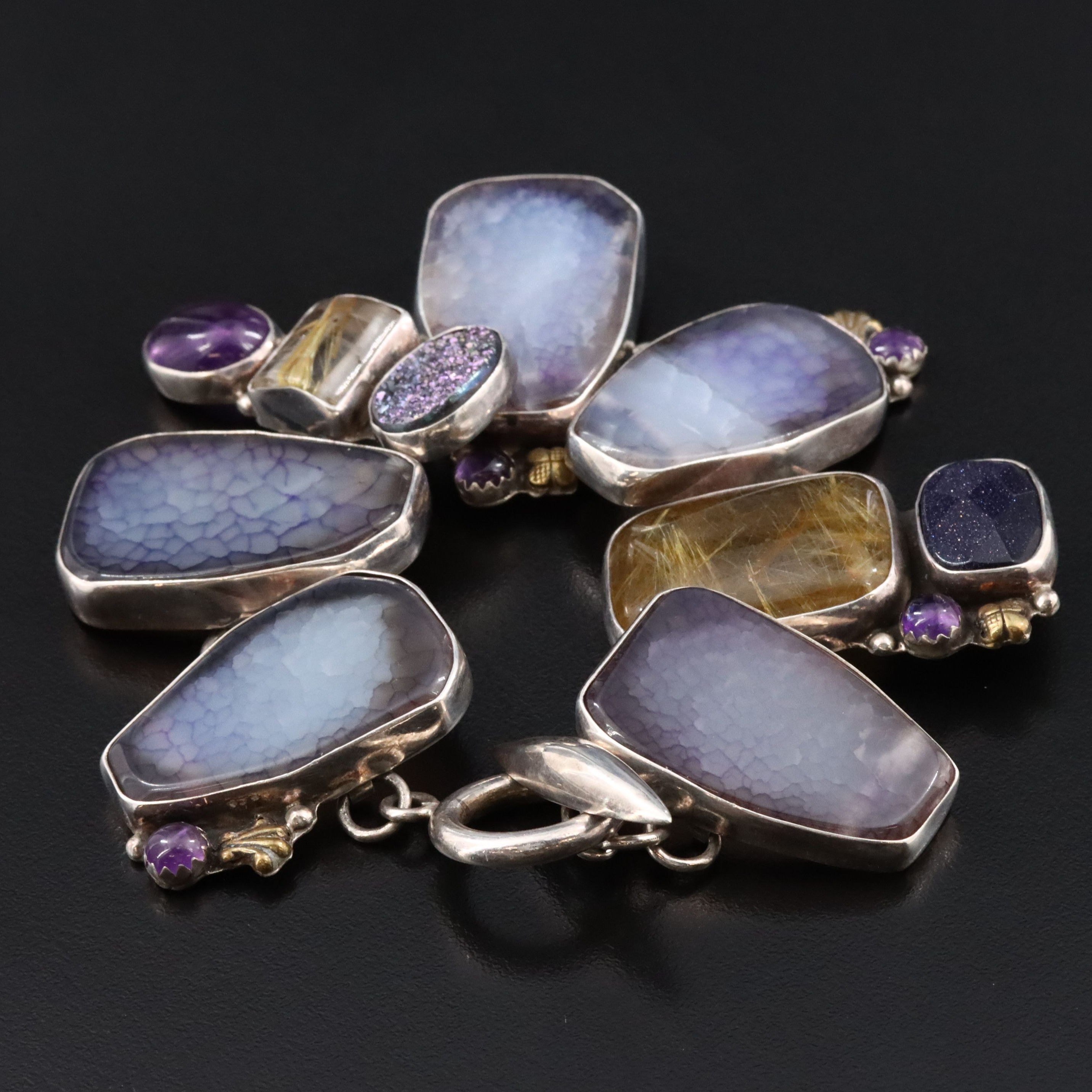 Amy Kahn Russell Sterling Agate, Rutilated Quartz and Gemstone Bracelet