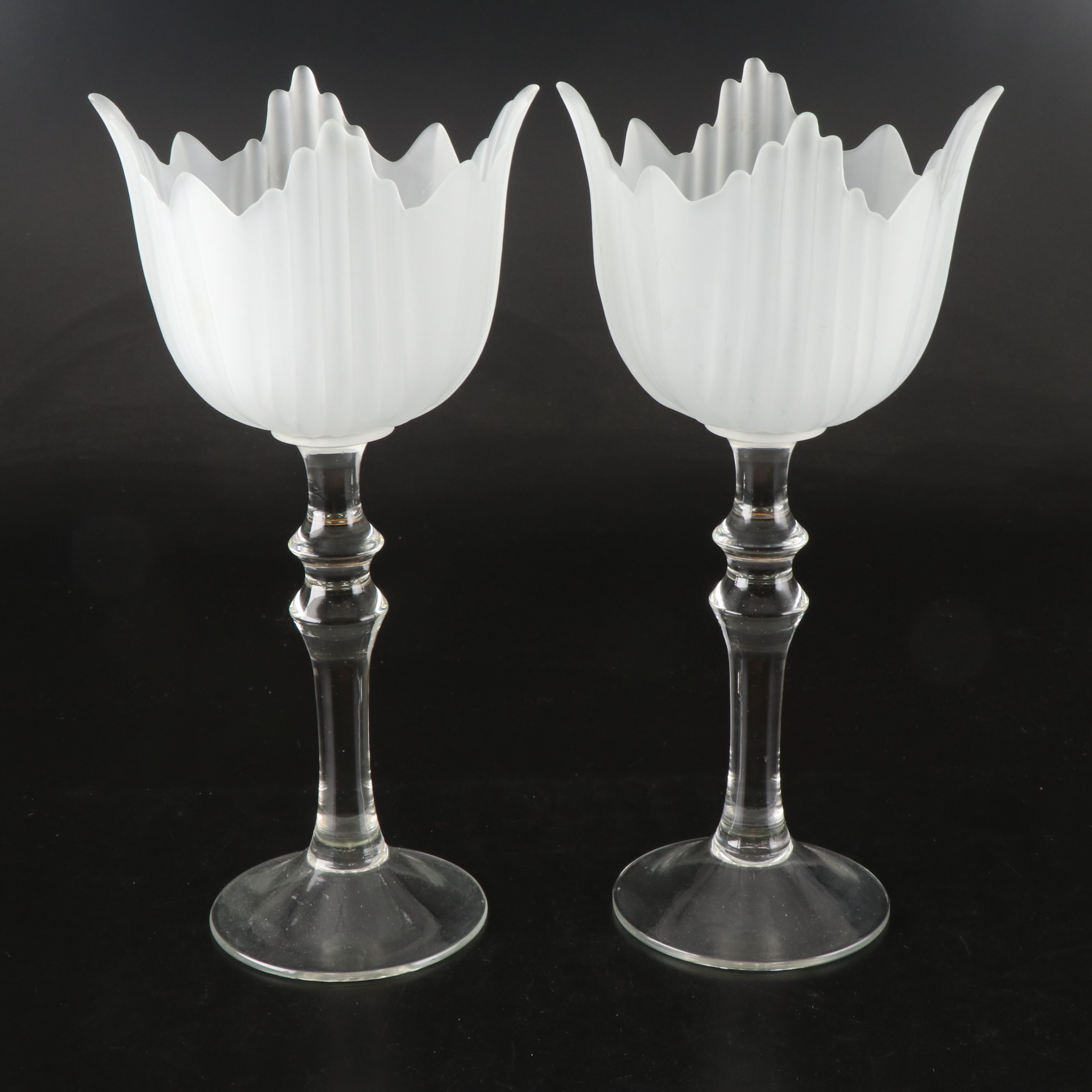 Art Deco Style Frosted Glass Pedestal Candle Holders