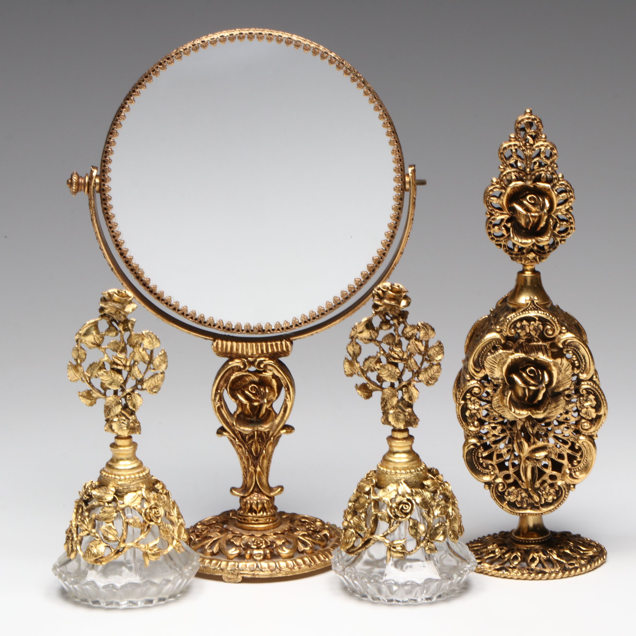 Rococo Style Ormolu Mount Glass Perfume Bottles and Vanity Mirror