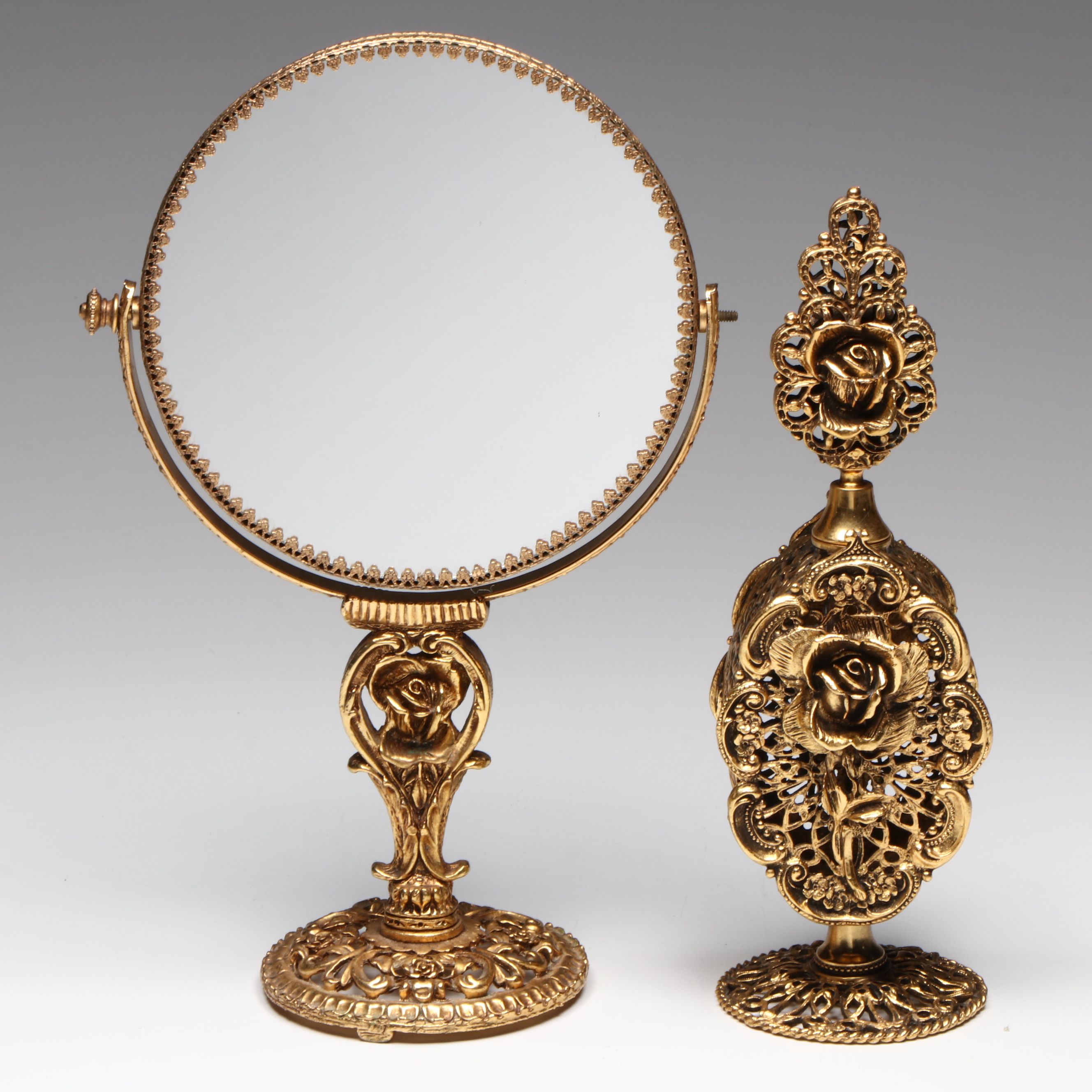 Rococo Style Ormolu Mount Glass Perfume Bottles and Vanity Mirror