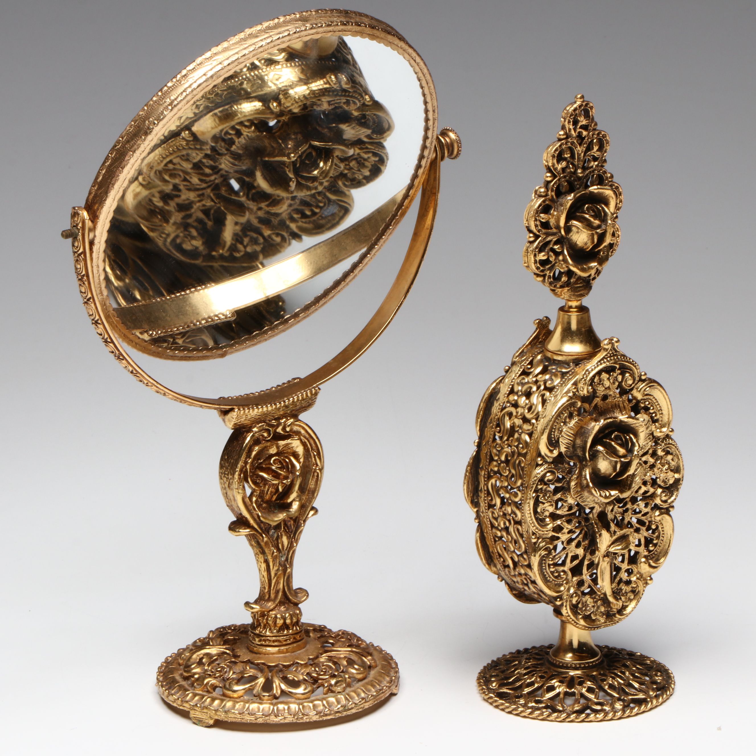 Rococo Style Ormolu Mount Glass Perfume Bottles and Vanity Mirror