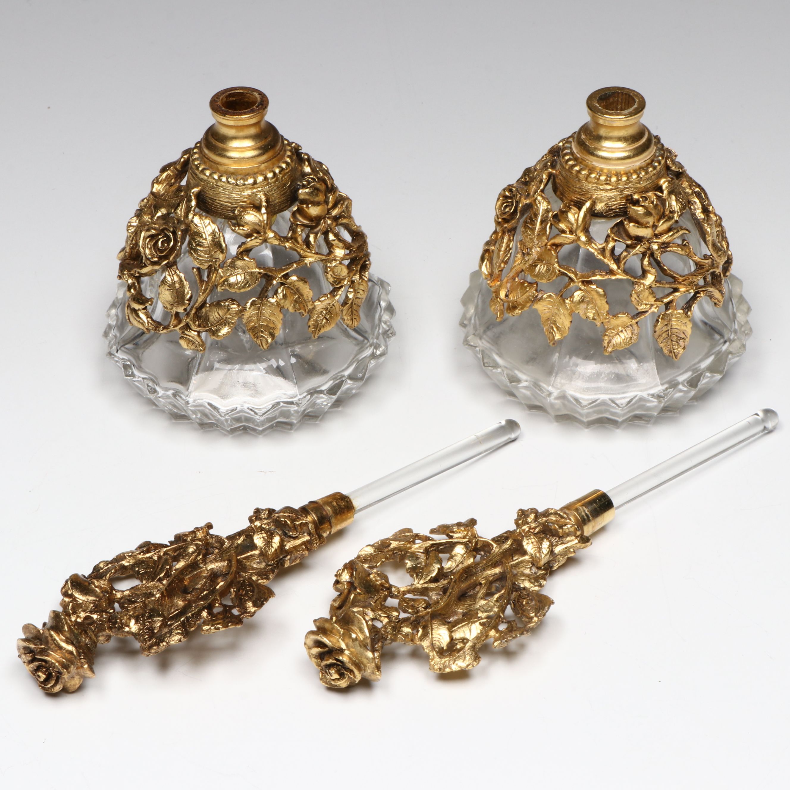 Rococo Style Ormolu Mount Glass Perfume Bottles and Vanity Mirror